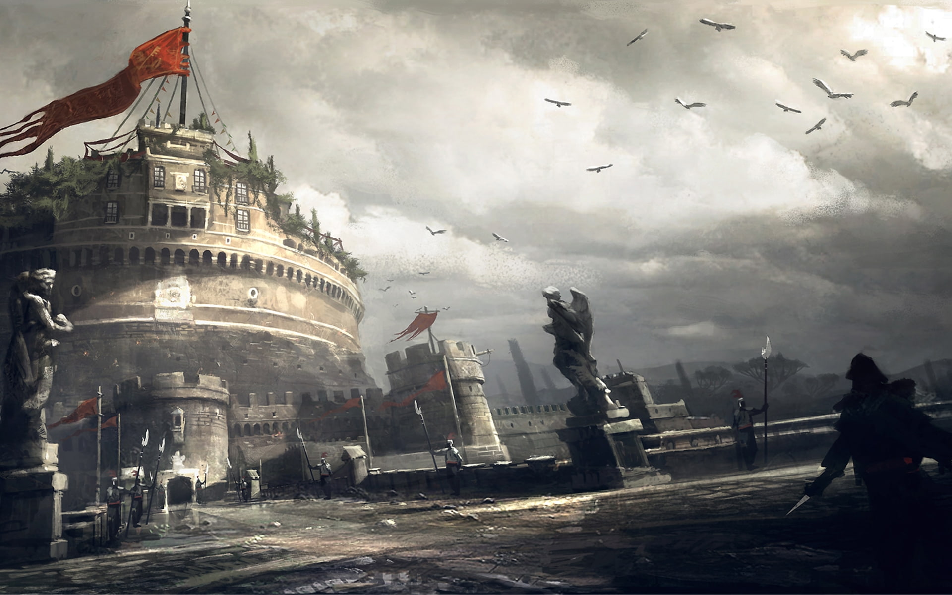 brotherhood, games, creed, artwork, cityscapes, mausoleum, assassins, video, Video Games, art, nature, 1080P, roma, hd, Assassins Creed, hadrian, HD Wallpaper
