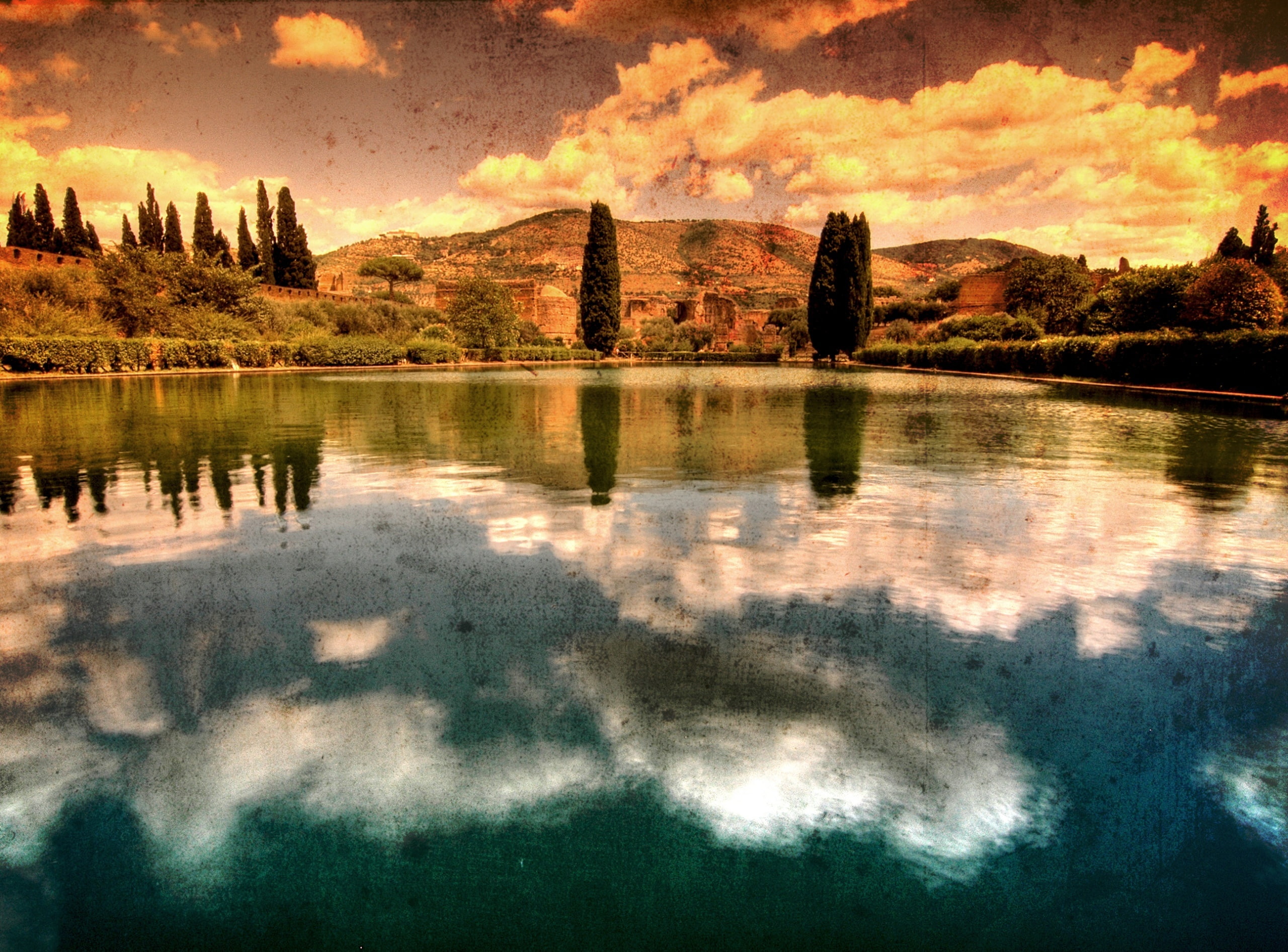 scenics - nature, villa, tranquility, reflection, sky, photography, beauty in nature, leafed, Vintage, Hadrians Villa, s, green, lake, growth, reflection lake, HD Wallpaper