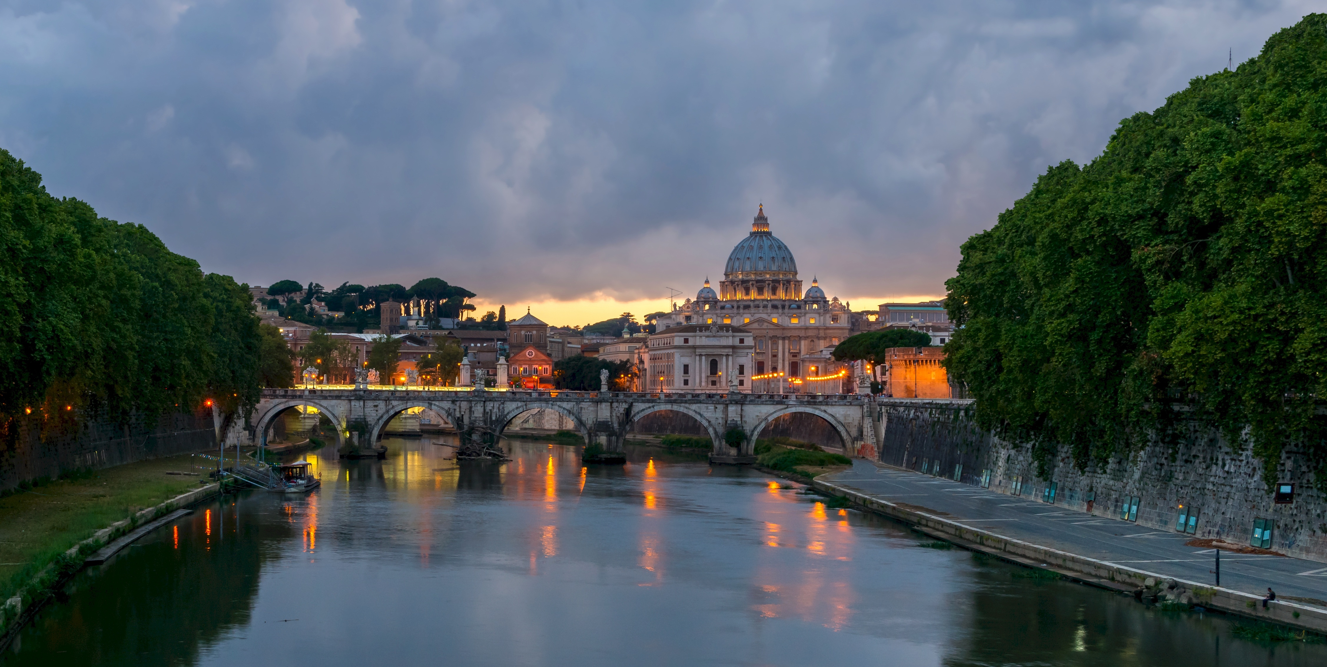 river, building exterior, statues, cityscape, history, rome, famous, city, europe, arches, connection, hour, sky, reflection, bridge - Man Made Structure, HD Wallpaper