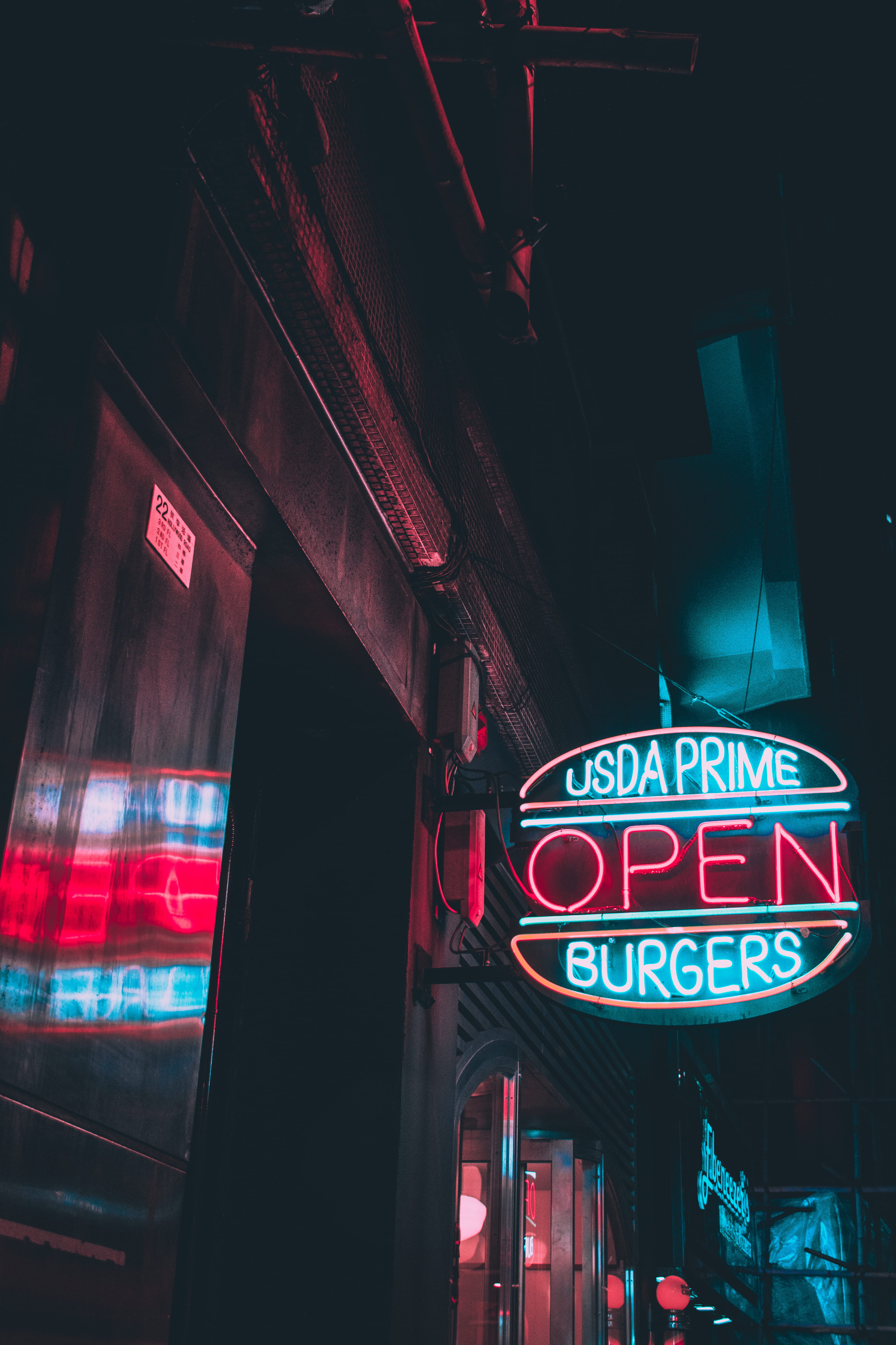 architecture, white, neon lights, hong kong, communication, shop, turned, burgers, illuminated, sign, reflection, capital letter, usda, text, store, neon, Phone HD Wallpaper