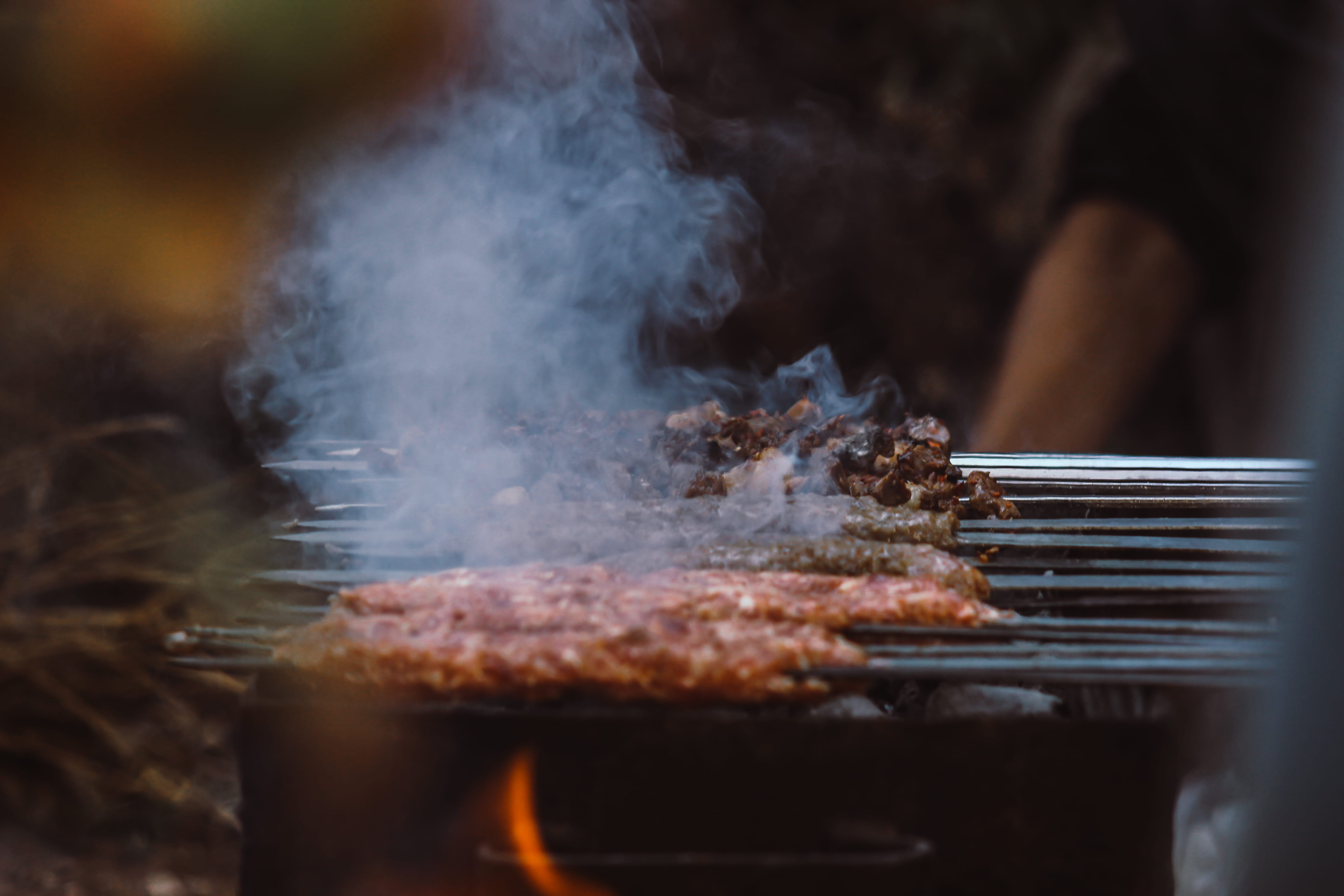outdoors, close, food, grill, flame, freshness, 5K, fire, heat, meal, bbq, smoke - physical structure, barbecue grill, burning, close-up, food and drink, HD Wallpaper