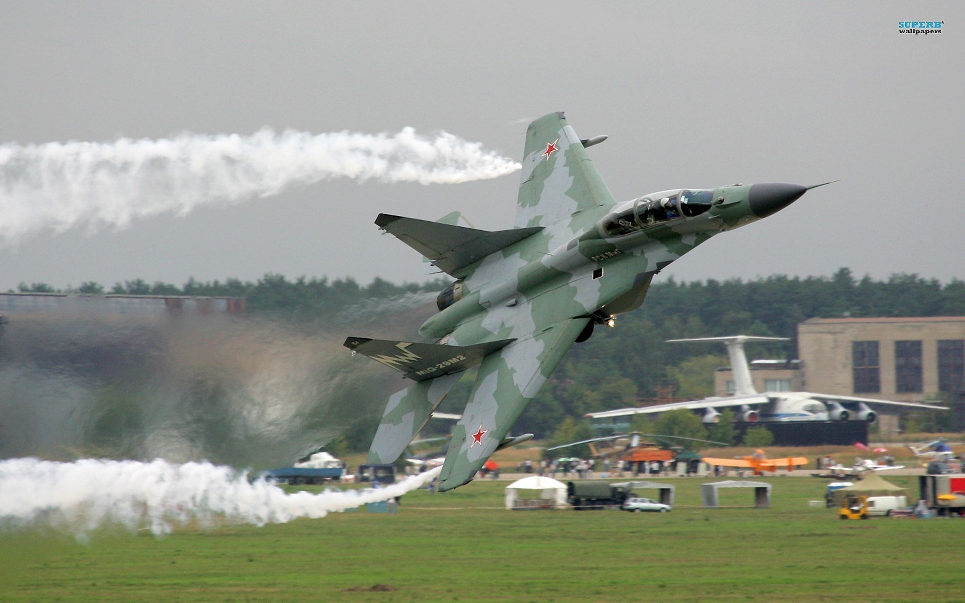 smoke - physical structure, flying, plane, army, mikoyan mig 29, no people, sky, air vehicle, mode of transportation, 1080P, mid-air, day, military, nature, HD Wallpaper