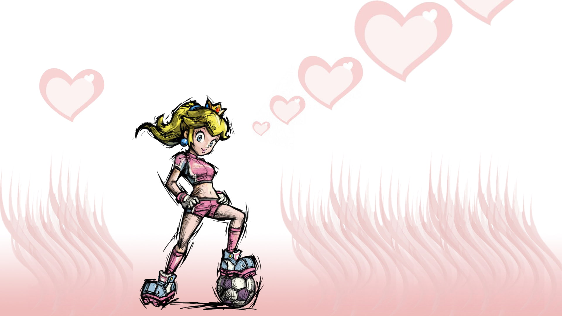 drawing, hd, princess, peach, video games, pink, 1080P, heart, mario, HD Wallpaper