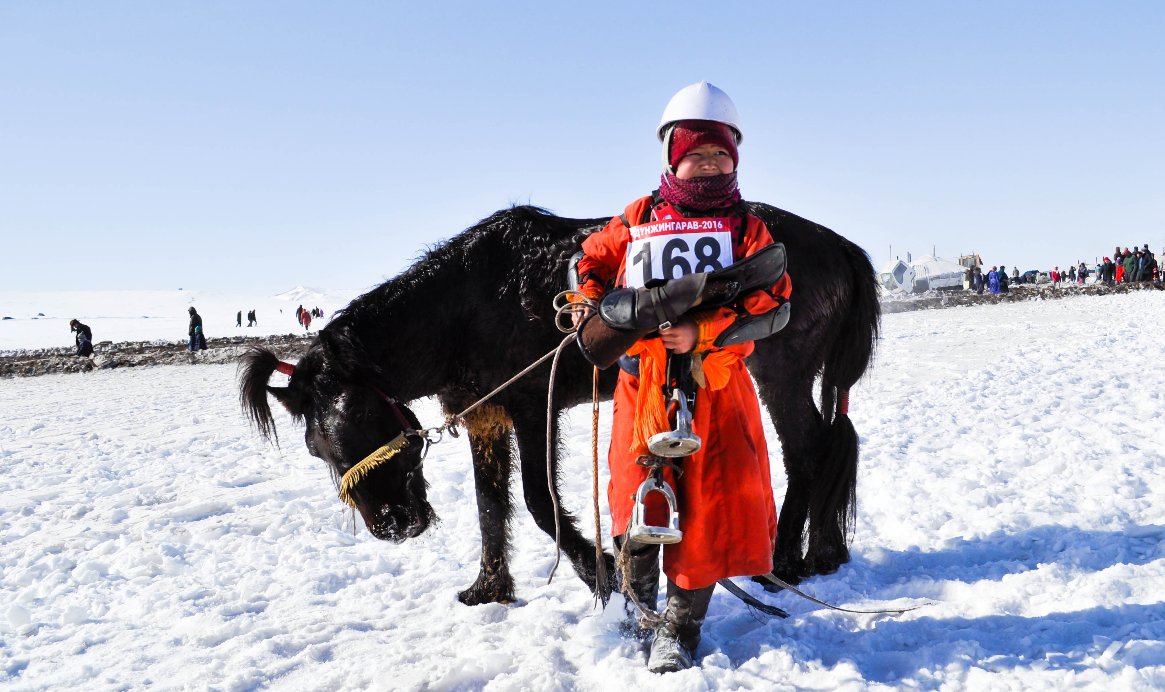 warm clothing, little, 2K, front view, childhood, portrait, mammal, winter, snow, day, kid, animal, white color, adult, horse, sport, jockey, equestrian, HD Wallpaper