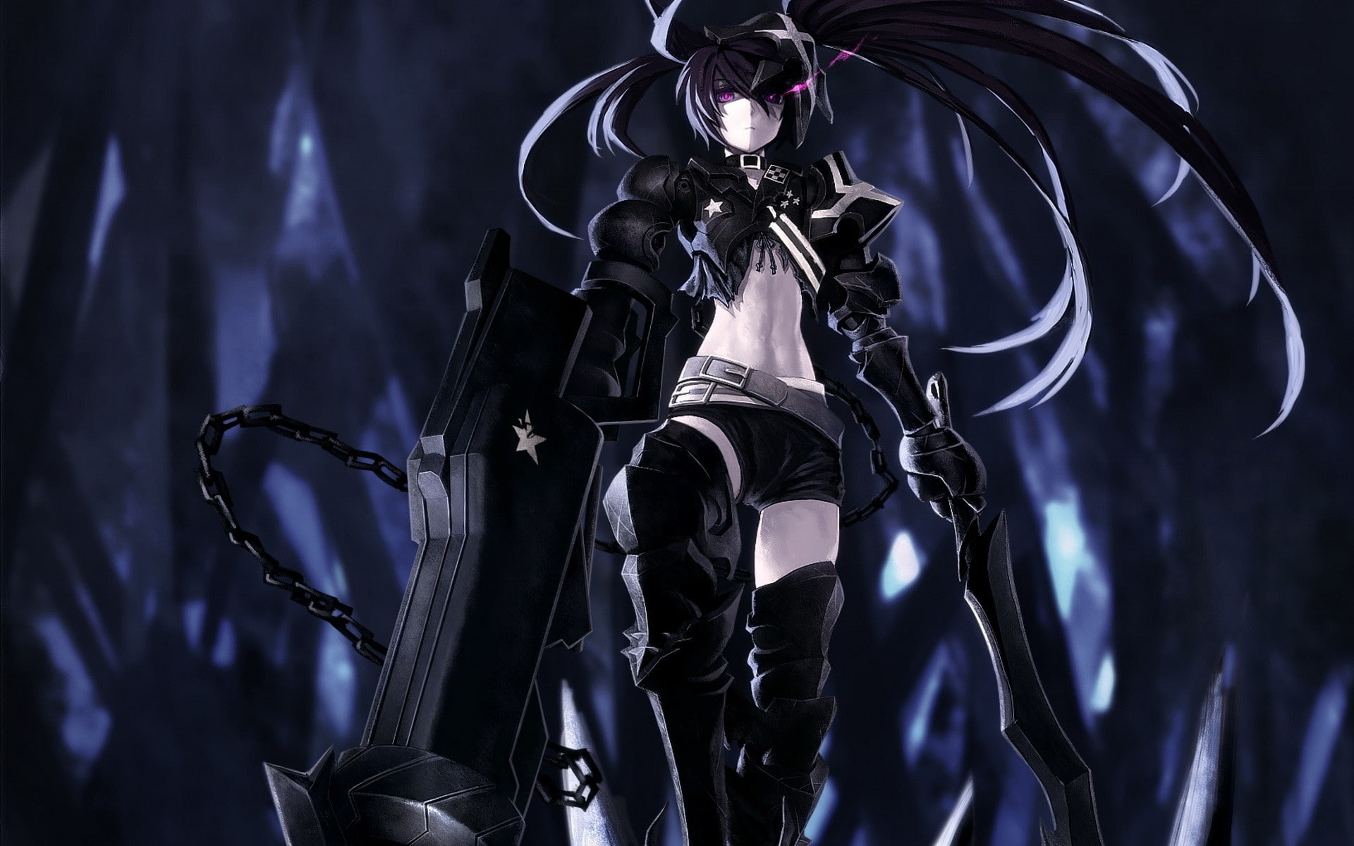 boots, 1080P, collar, shorts, Black, chai, shooter, art, hot, hair, anime, hd, dark, armor, twintails, weapons, belts, stars, long, rock, HD Wallpaper