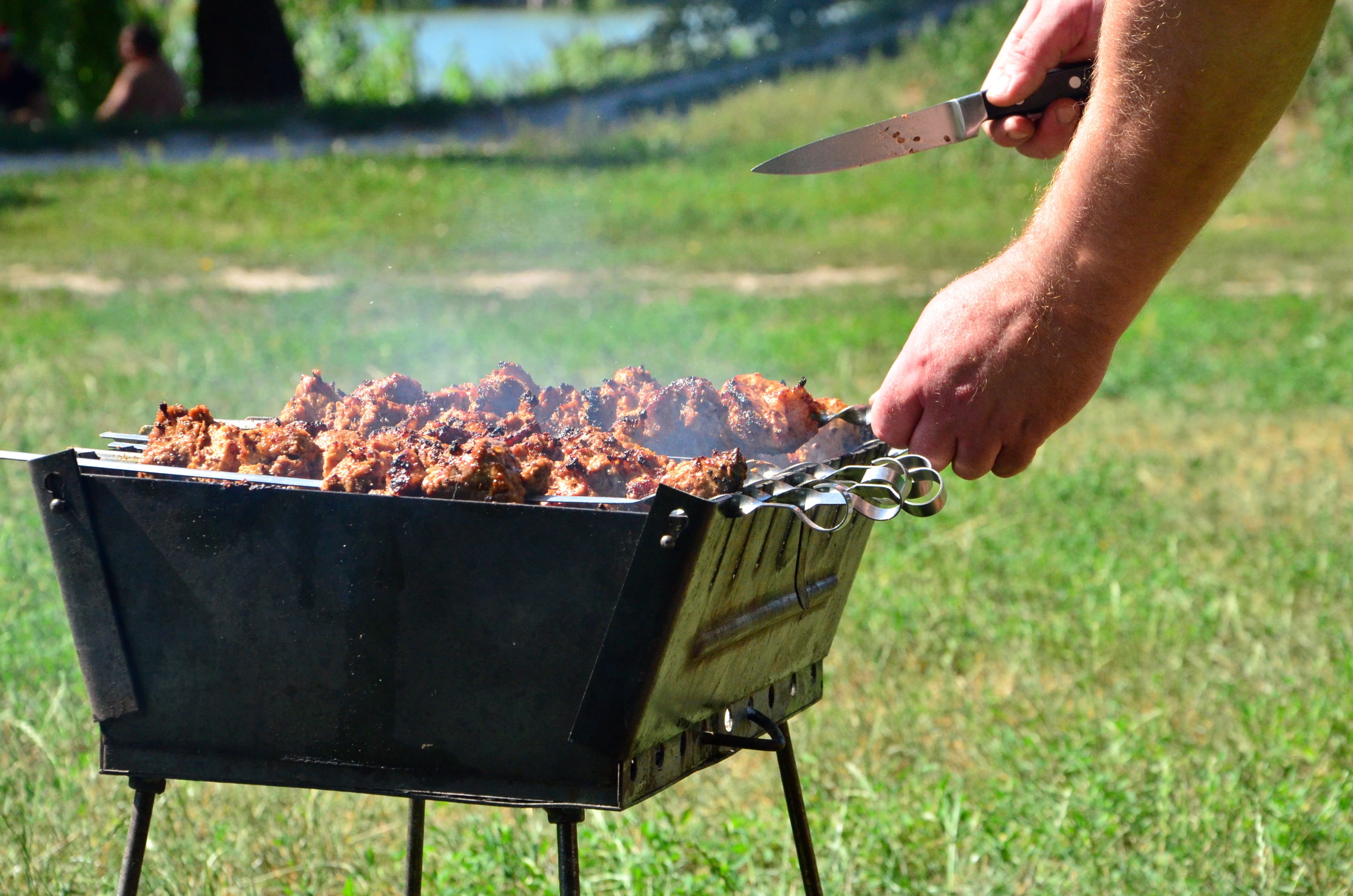 front or back yard, smoke, focus on foreground, leisure activity, preparing food, frying, shish kebab, fried meat, food, barbecue, preparation, human body part, HD Wallpaper