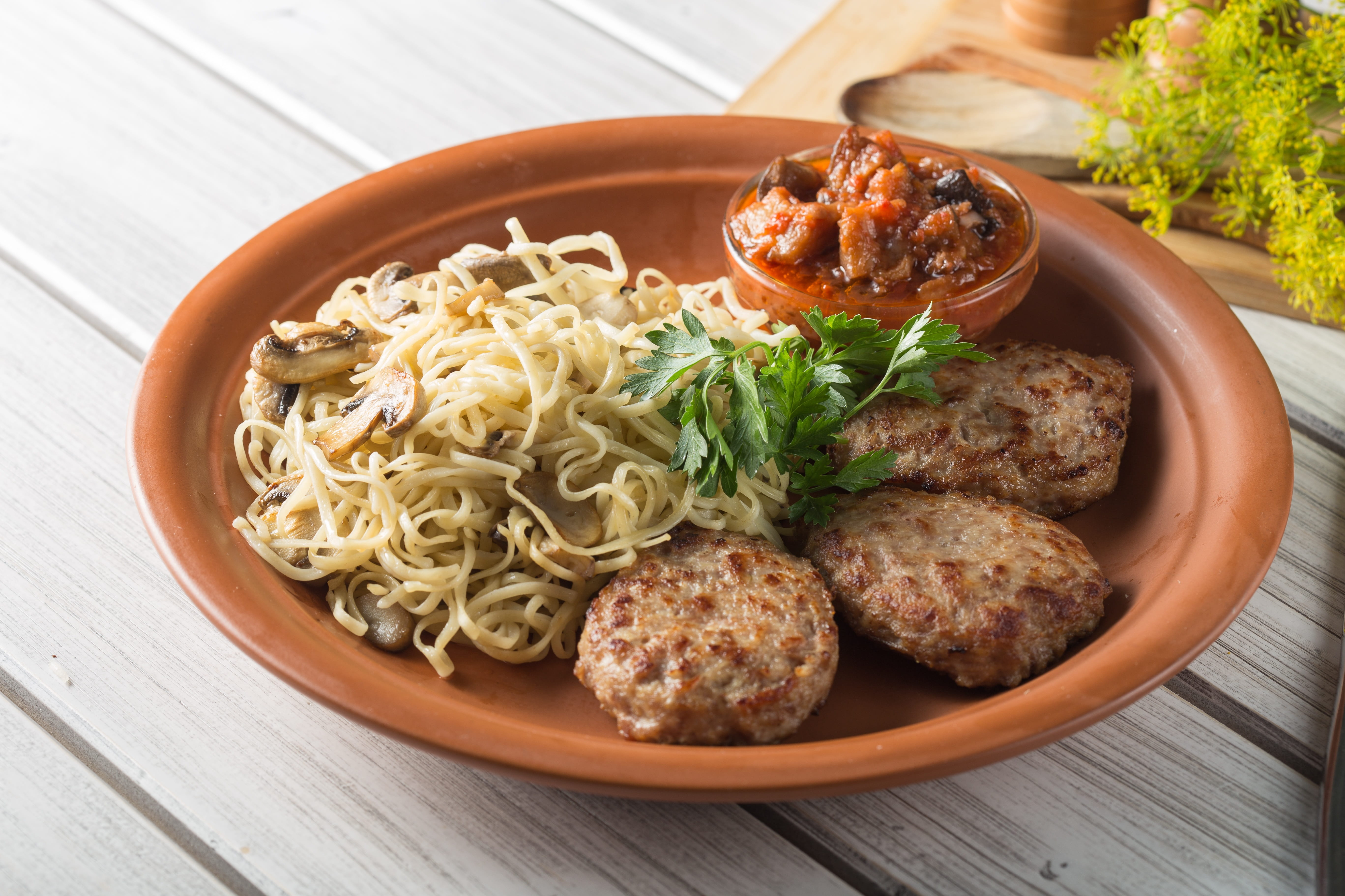 harmful food, ready-to-eat, plate, healthy eating, meat, indoors, useful, frying, italian food, wood - material, 5K, garnish, meal, lunch, food and drink, HD Wallpaper