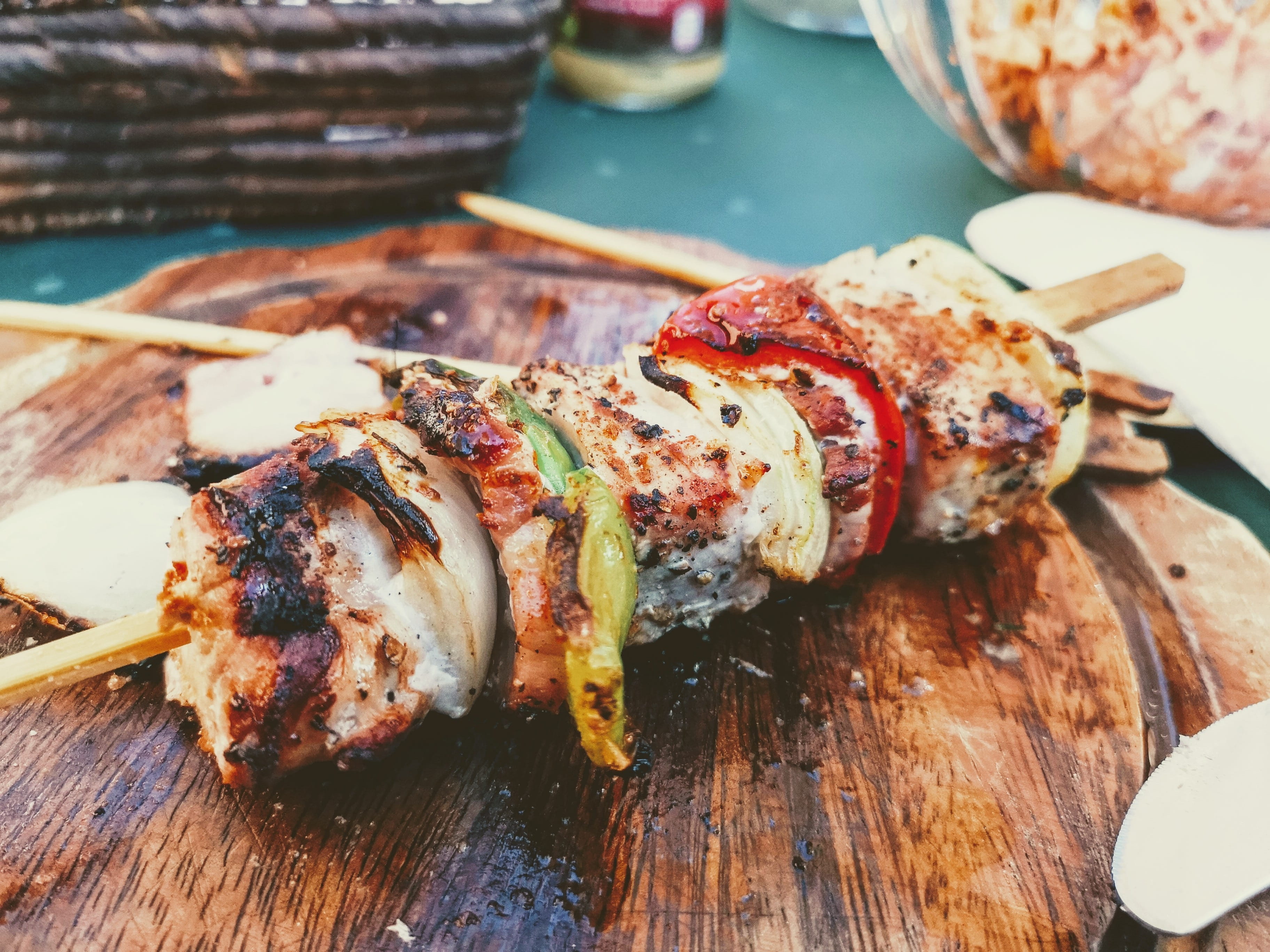 food, serving size, meat, table, spit, high angle view, wood - material, freshness, eat, plate, still life, white meat, close-up, food and drink, barbecue, HD Wallpaper