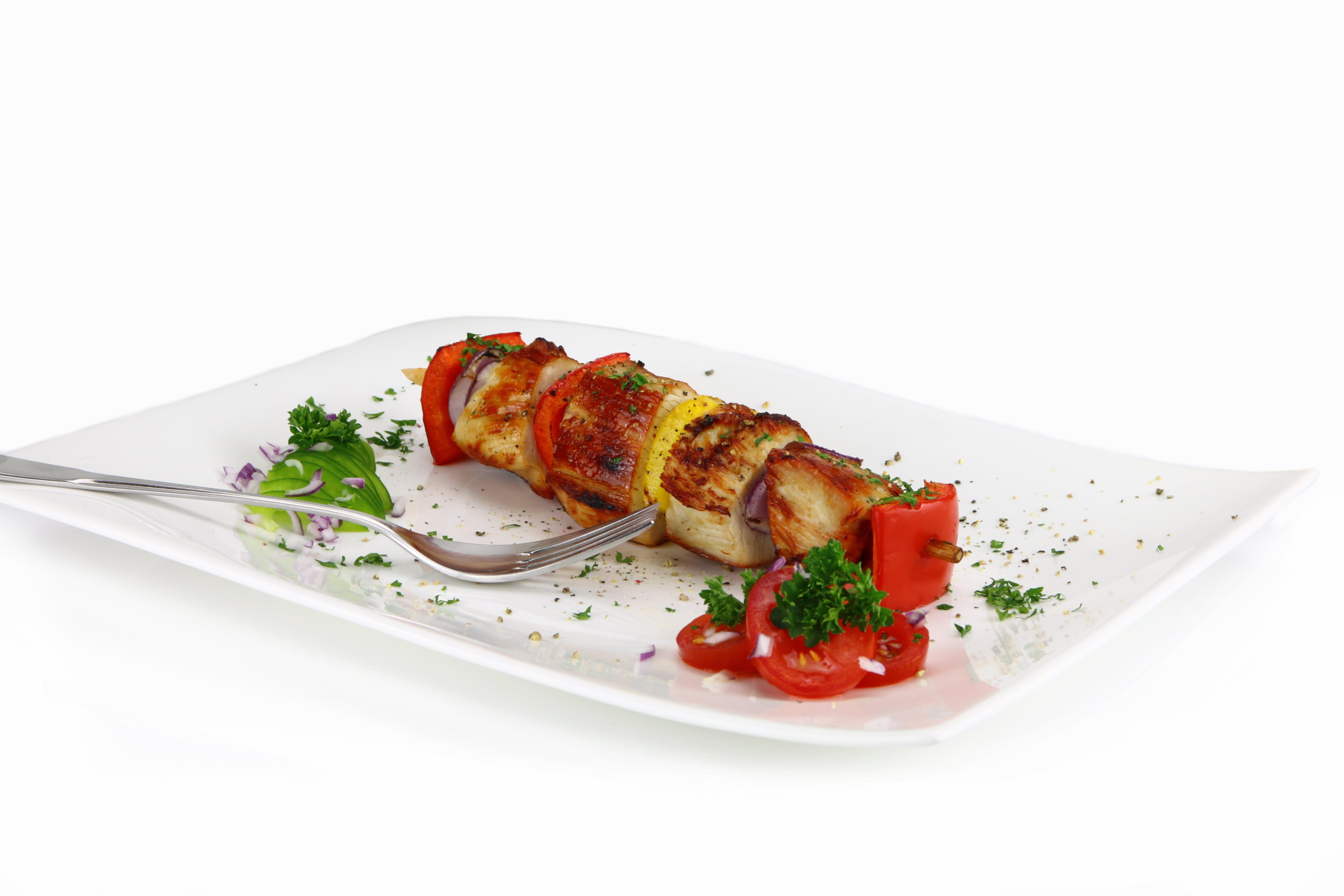 food and drink, crockery, meat skewer, herb, vegetable, grilled, no people, meat, plate, chicken, wellbeing, freshness, 5K, meat products, grill party, HD Wallpaper