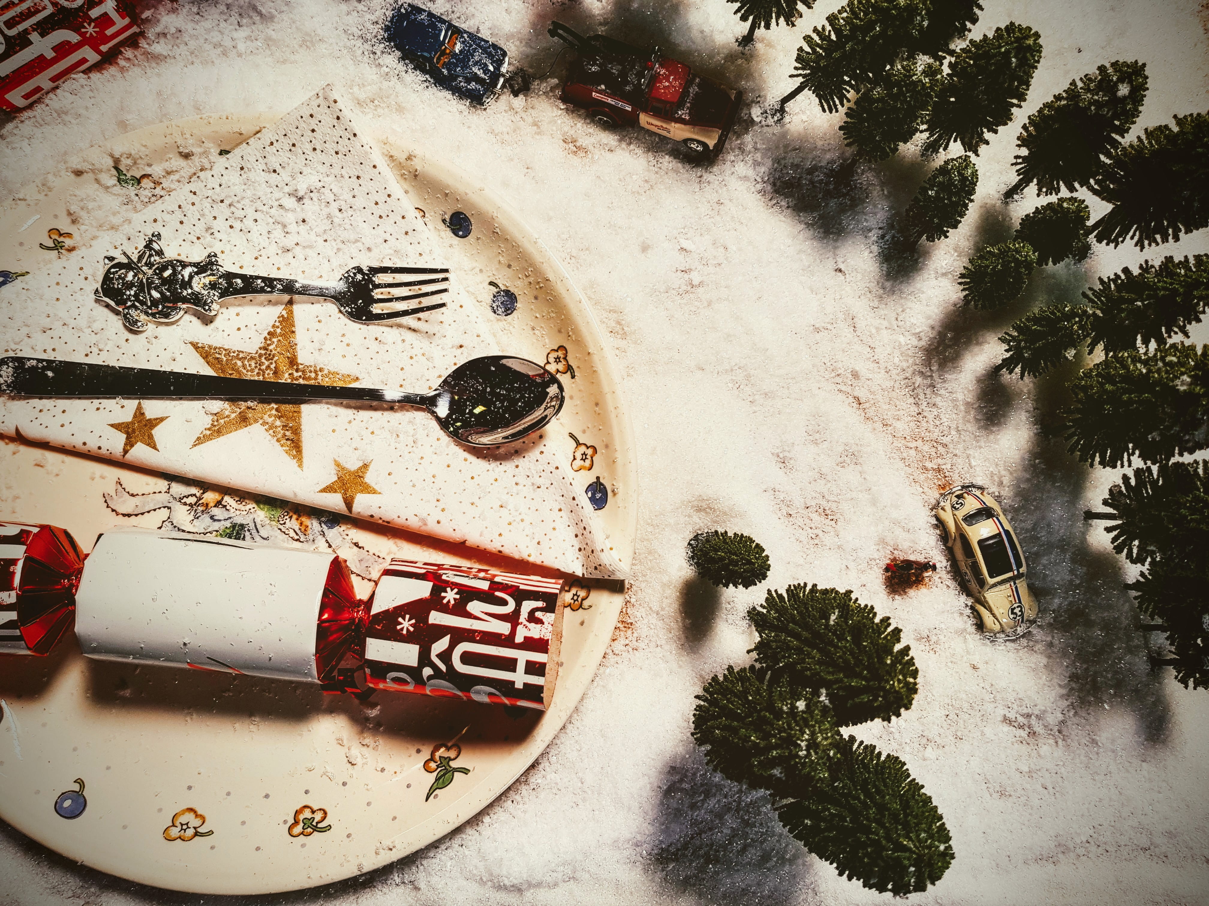 close-up, colors, top view, 4K, ceramic, plant, decorations, table, toy car, sweet food, no people, winter, automobiles, indoors, cars, food, stainless, HD Wallpaper