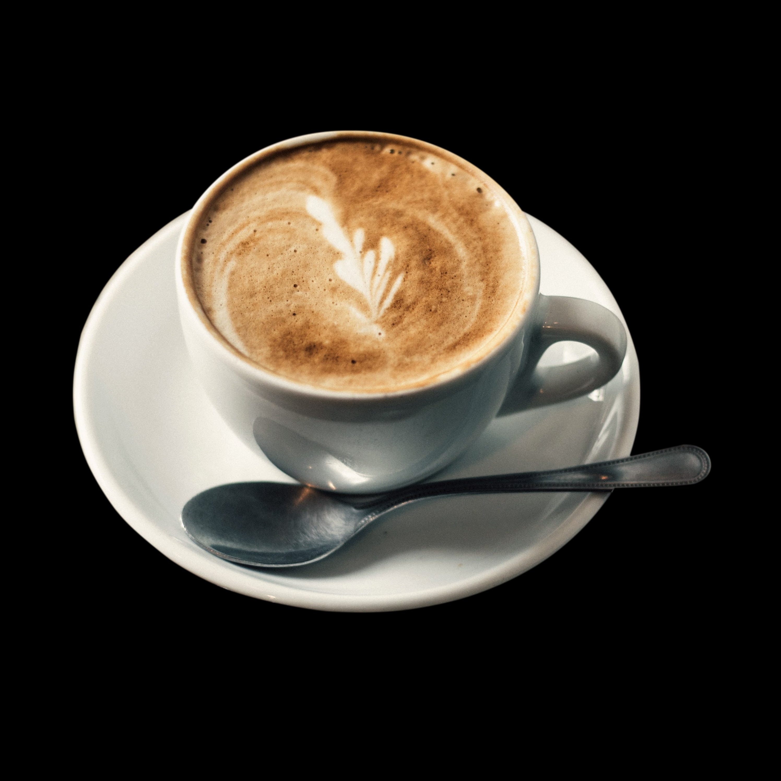 ceramic, crockery, kitchen utensil, spoon, mug, breakfast, filled, frothy Drink, no people, studio shot, coffee - Drink, black Color, black background, Phone HD Wallpaper