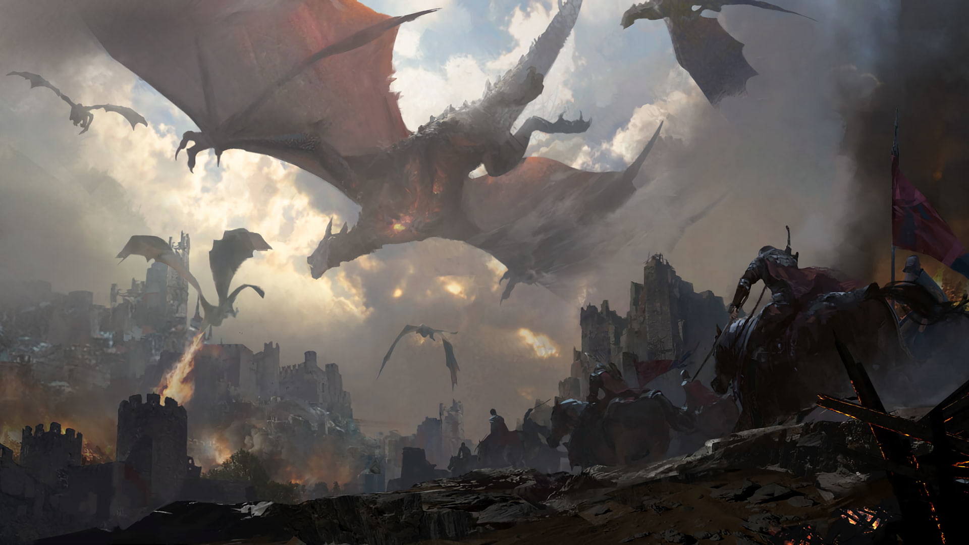 1080P, castle, fire, dragon, battlefields, knight, horse, HD Wallpaper
