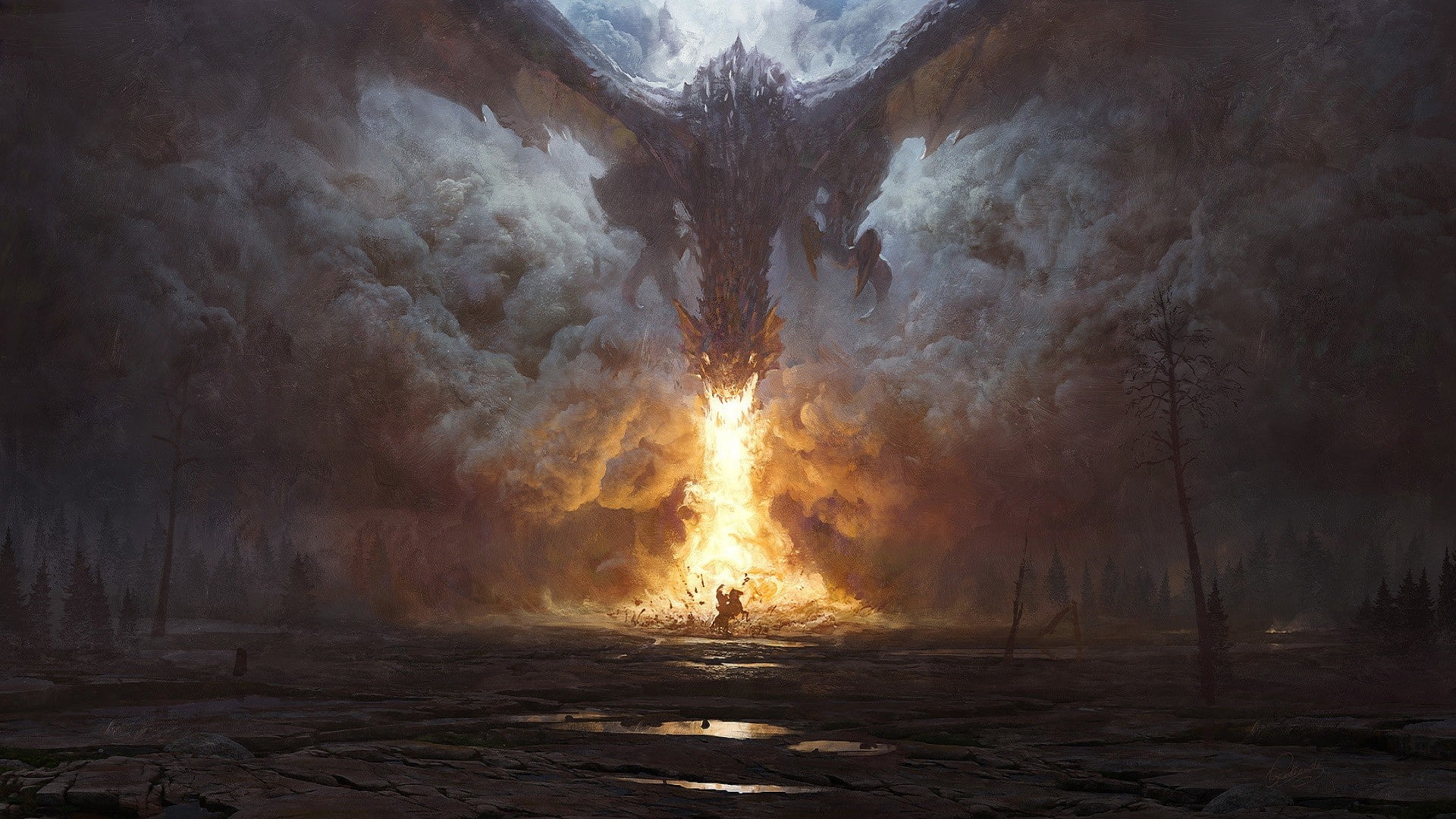 horse, 1080P, knight, fire, smoke, water, dragon, Trees, HD Wallpaper