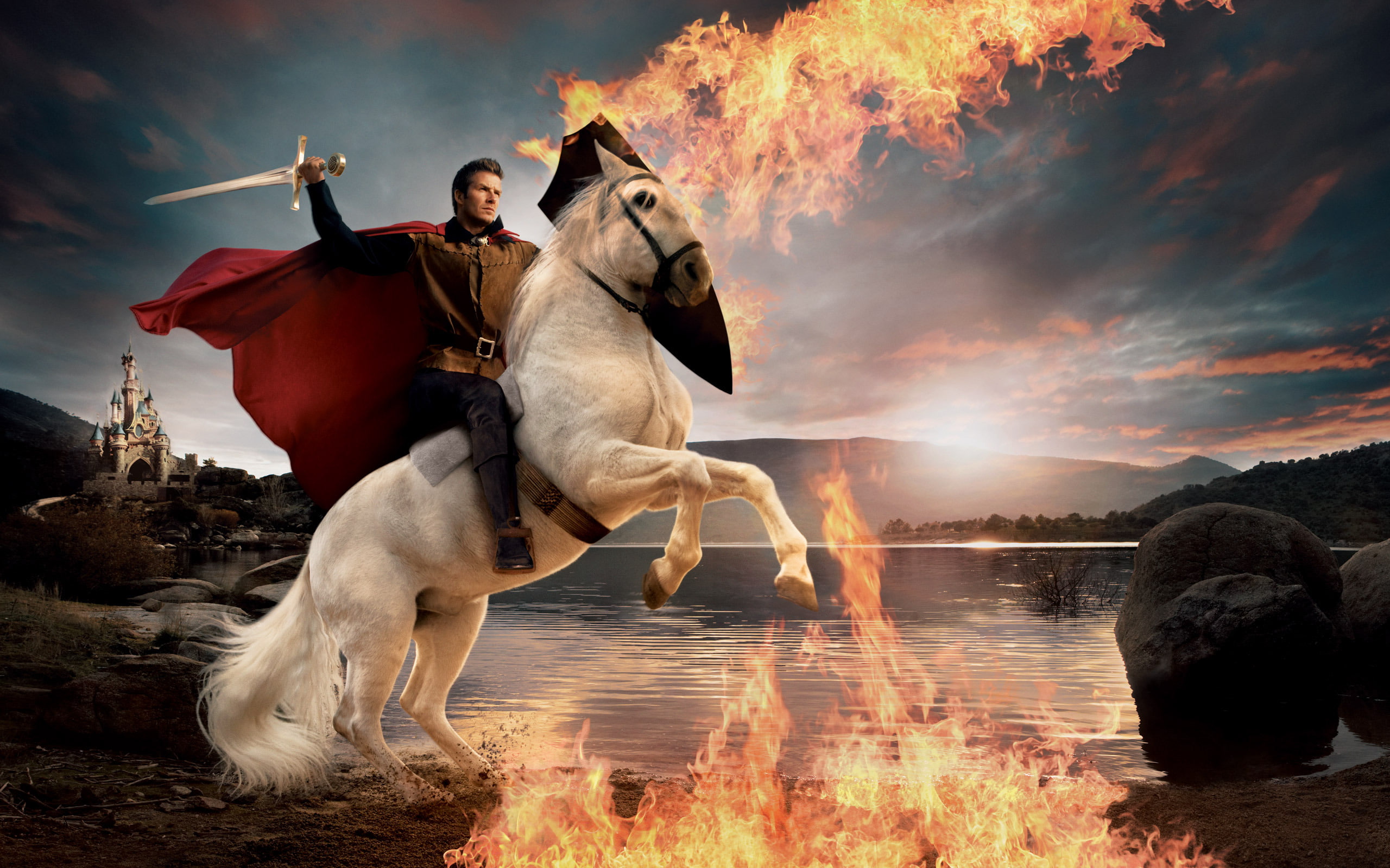 sword, cloak, castle, fire, Prince on a white horse, David Beckham, flame, 2K, HD Wallpaper