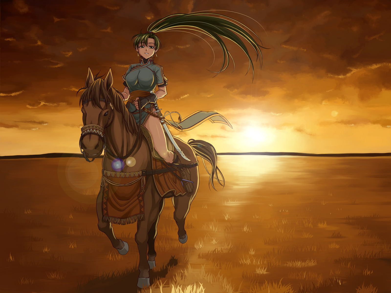 sword, 720P, clouds, sunset, weapon, gloves, horse, fire, lyndis, shunzou, sky, hair, boots, grass, green, emblem, ponytail, eyes, HD Wallpaper