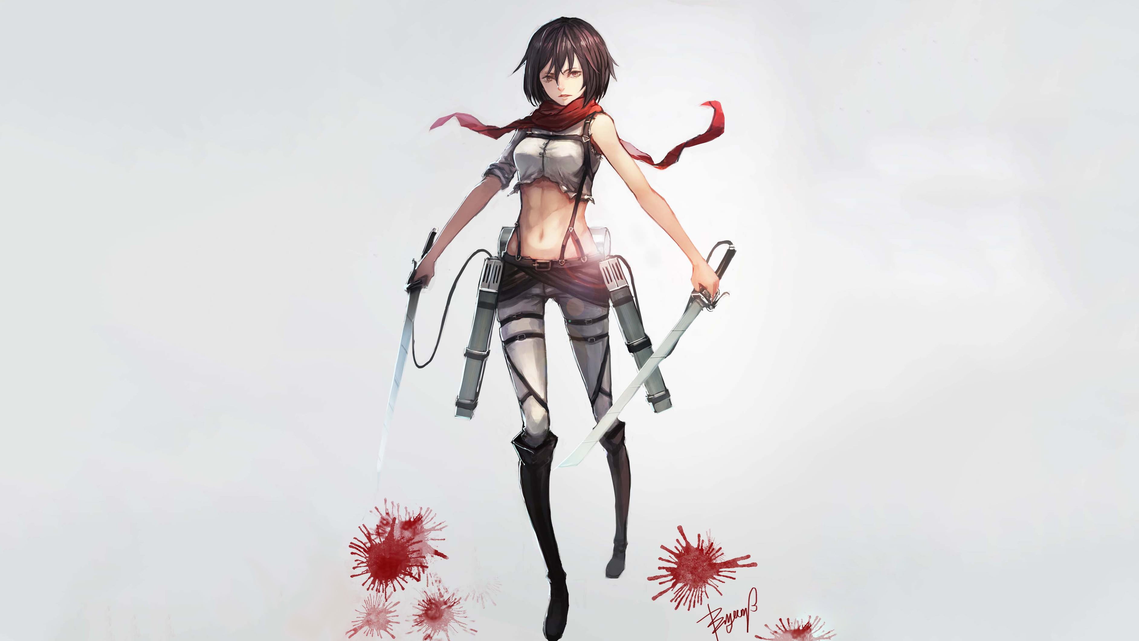 Shingeki no Kyojin, uniform, Mikasa Ackerman, short hair, 2K, simple background, anime girls, scarf, brunette, weapon, sword, anime, HD Wallpaper