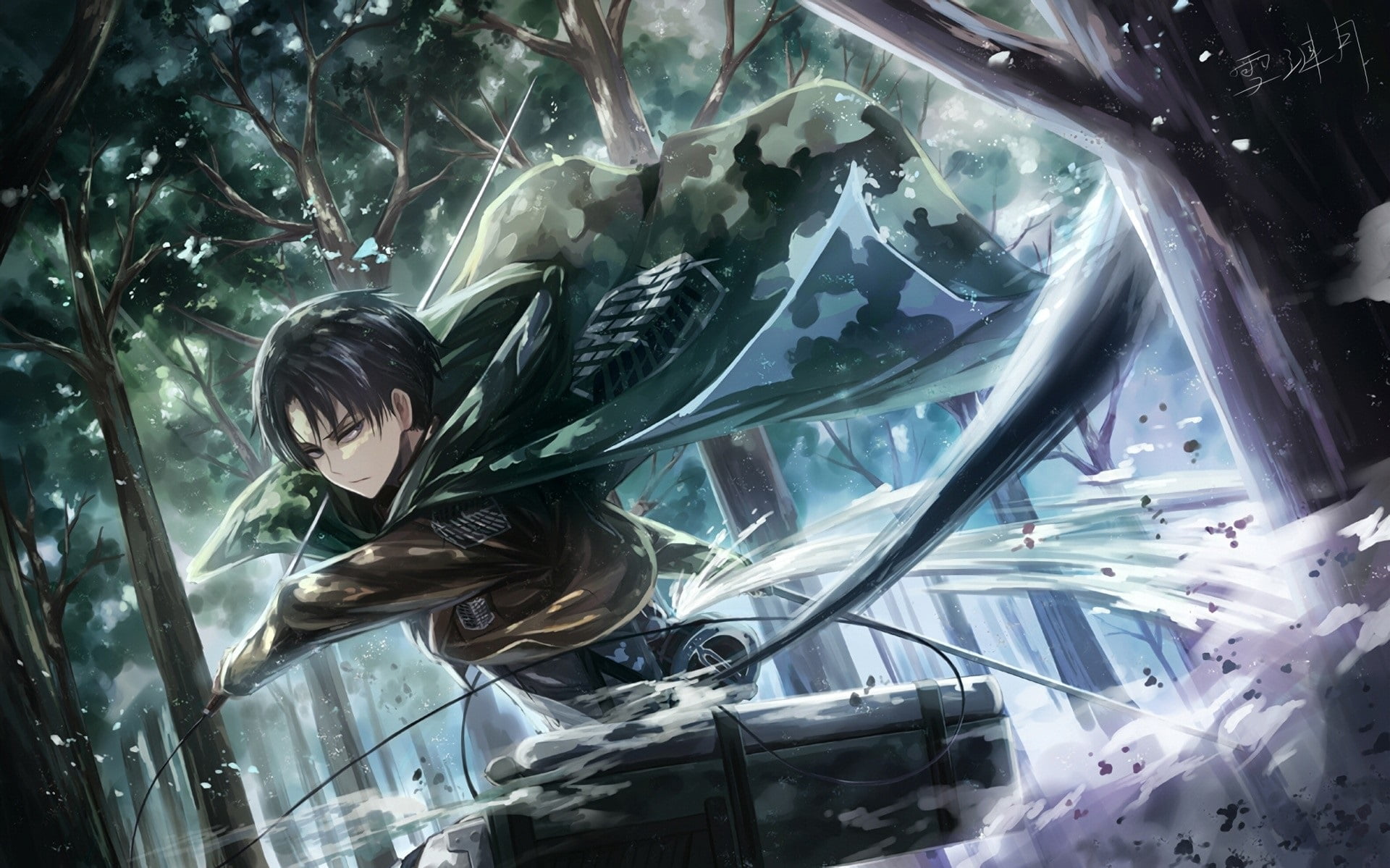 fog in the forest, the wind, twilight, The Invasion Of The Giants, Shingeki no Kyojin, swords, military uniform, camouflage, cold, emblem, loneliness, Levi Ackerman, HD Wallpaper