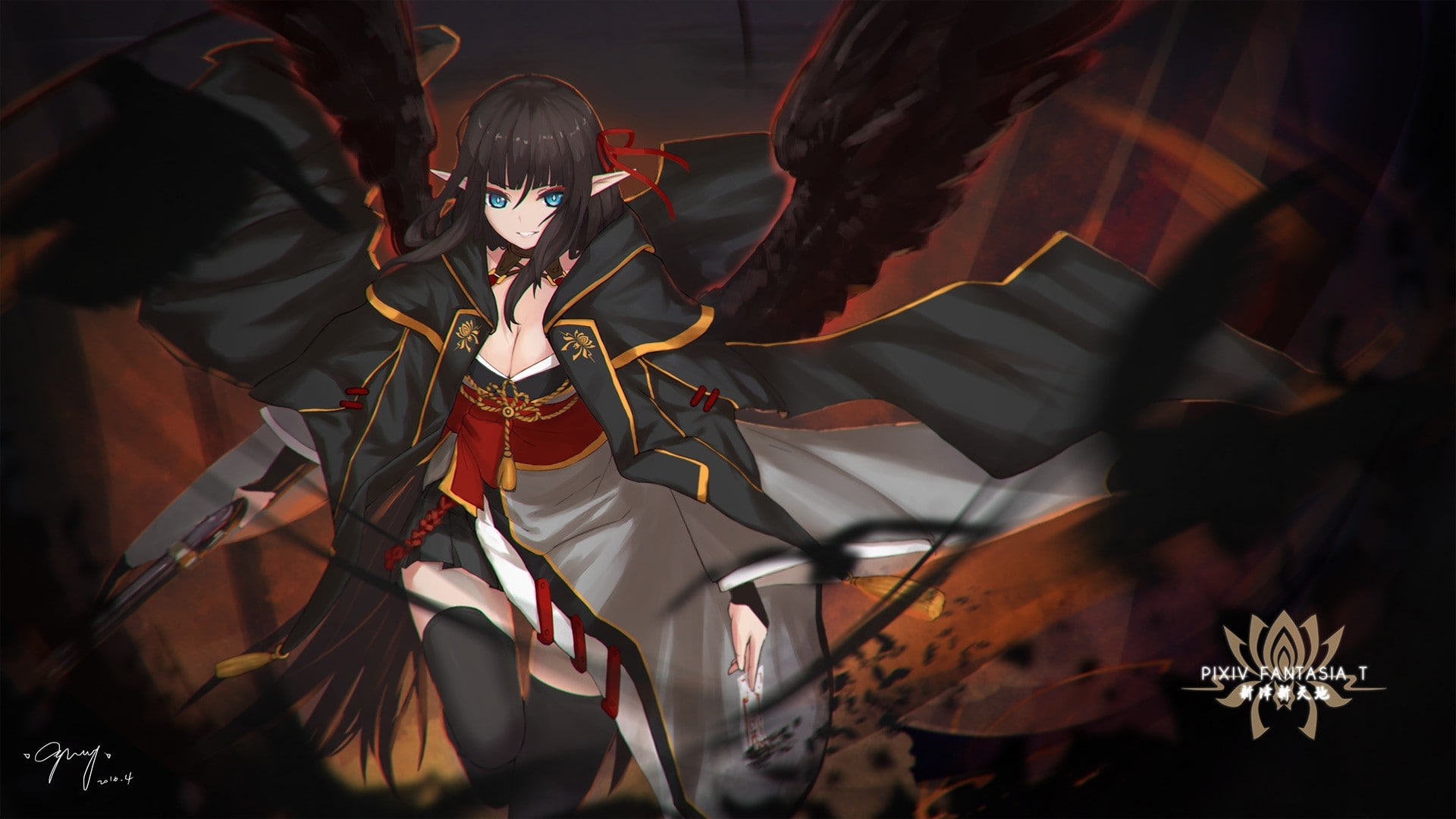 weapon, wings, anime, skirt, blue eyes, Pixiv Fantasia T, 1080P, cleavage, anime girls, long hair, HD Wallpaper