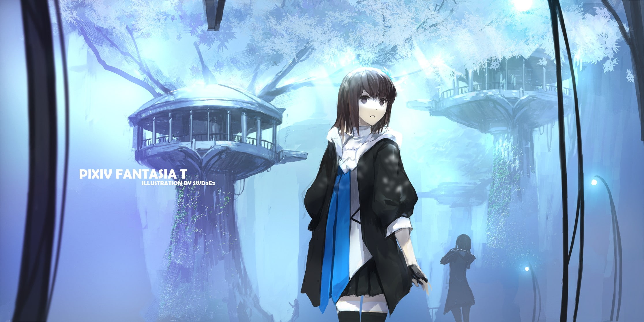 anime girls, swd3e2, anime, Storia (Pixiv Fantasia T), 1080P, trees, short hair, Pixiv Fantasia T, long hair, night, skirt, HD Wallpaper