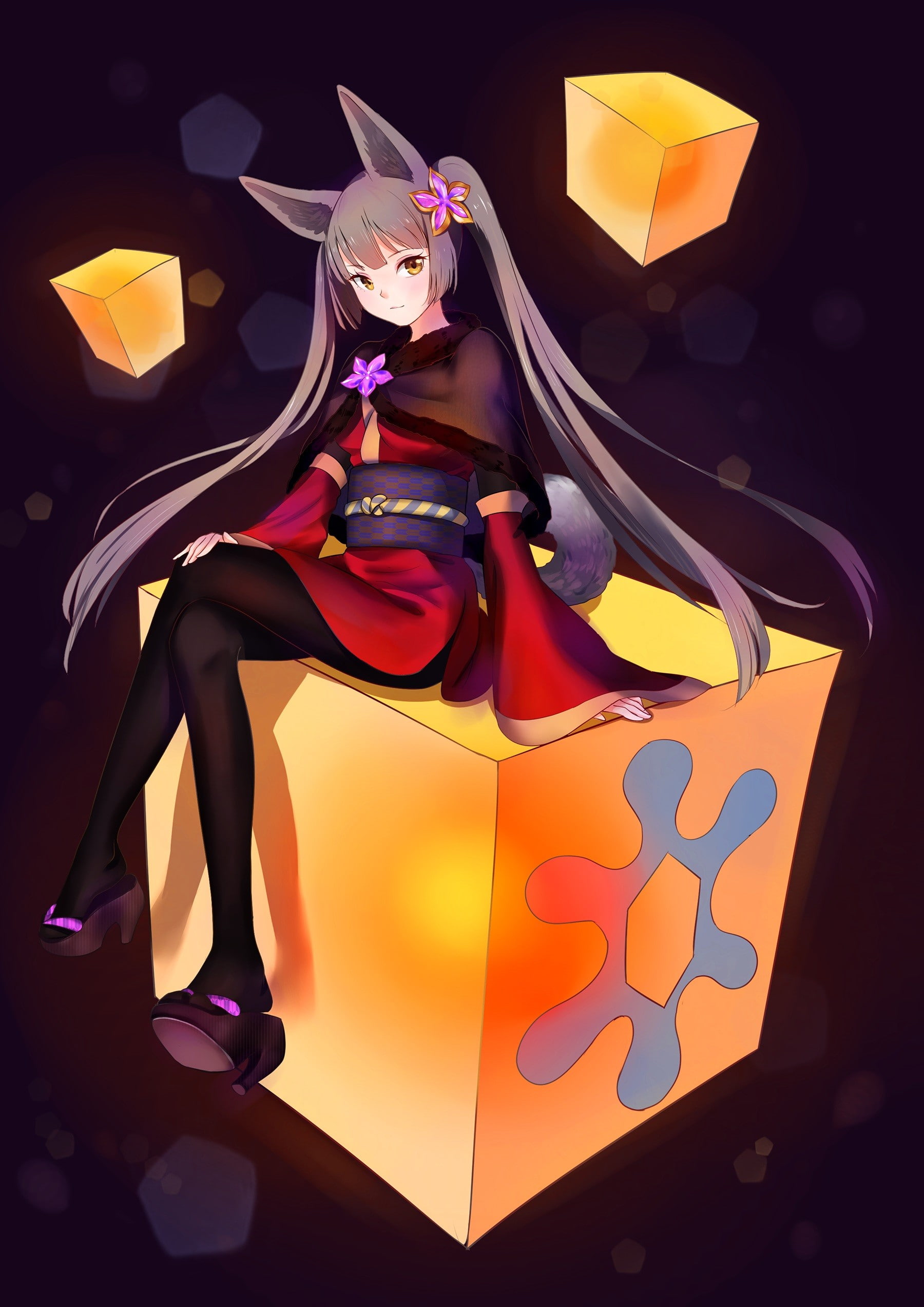 heels, anime girls, tail, gray hair, Pixiv Fantasia T, anime, animal ears, long hair, Japanese clothes, 1080P, Phone HD Wallpaper