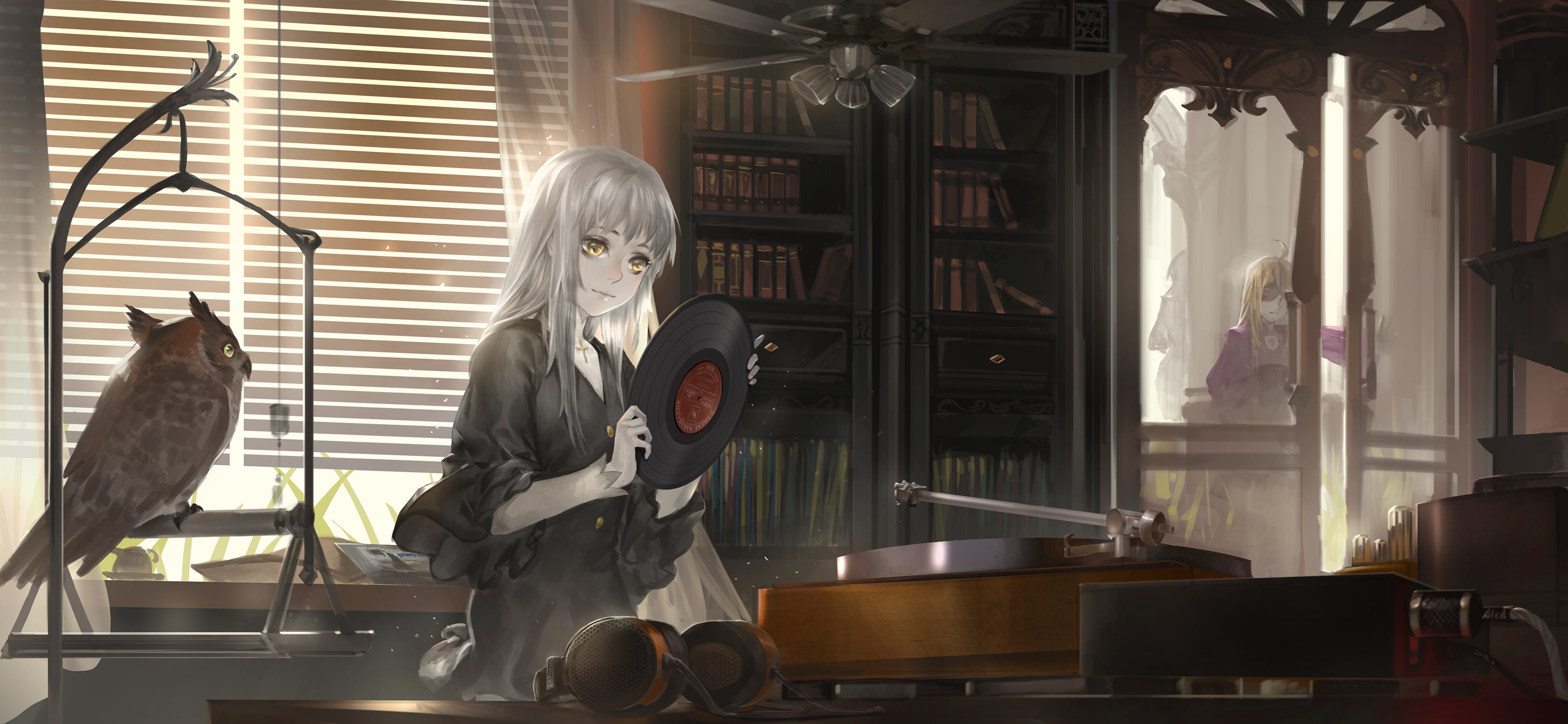 Owl, Pixiv Fantasia T, Anime, Record, White Hair, 2K, Yellow Eyes, Room, HD Wallpaper
