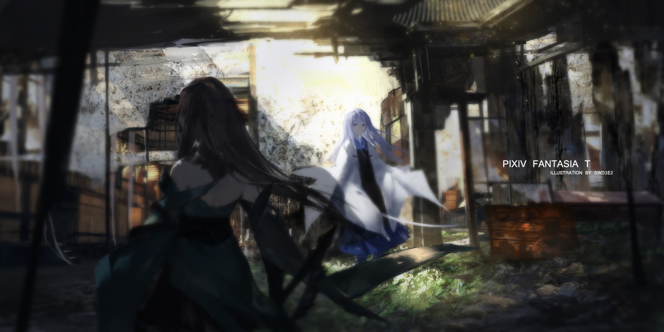 Blue Hair, Black Hair, CGI, Yukata, 1080P, Pixiv Fantasia, Anime, Warrior, Long Hair, Pixiv Fantasia T, Ruin, Japanese Clothes, Girl, Digital Art, HD Wallpaper