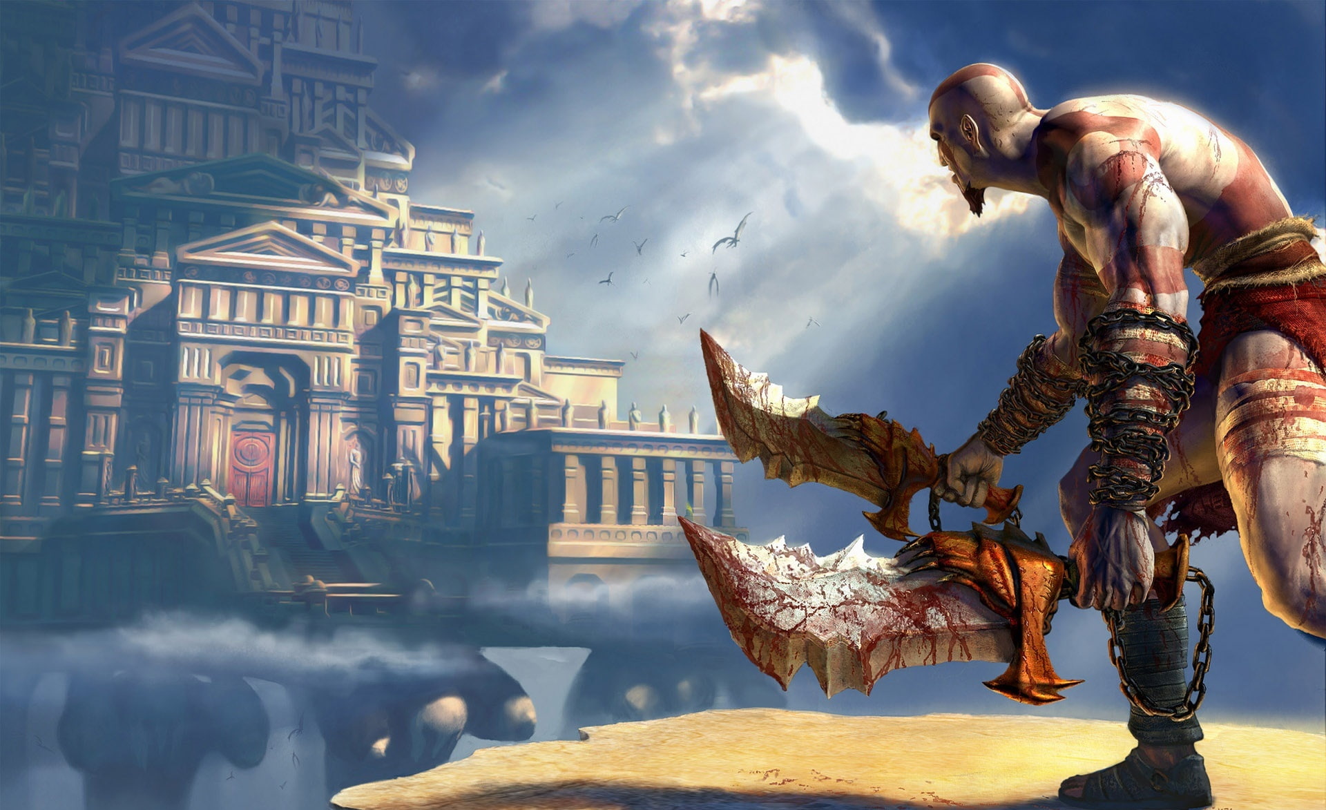 nature, God Of War, built structure, action-adventure game, outdoors, day, sky, war, Kratos, building exterior, animal representation, 1080P, one person, HD Wallpaper