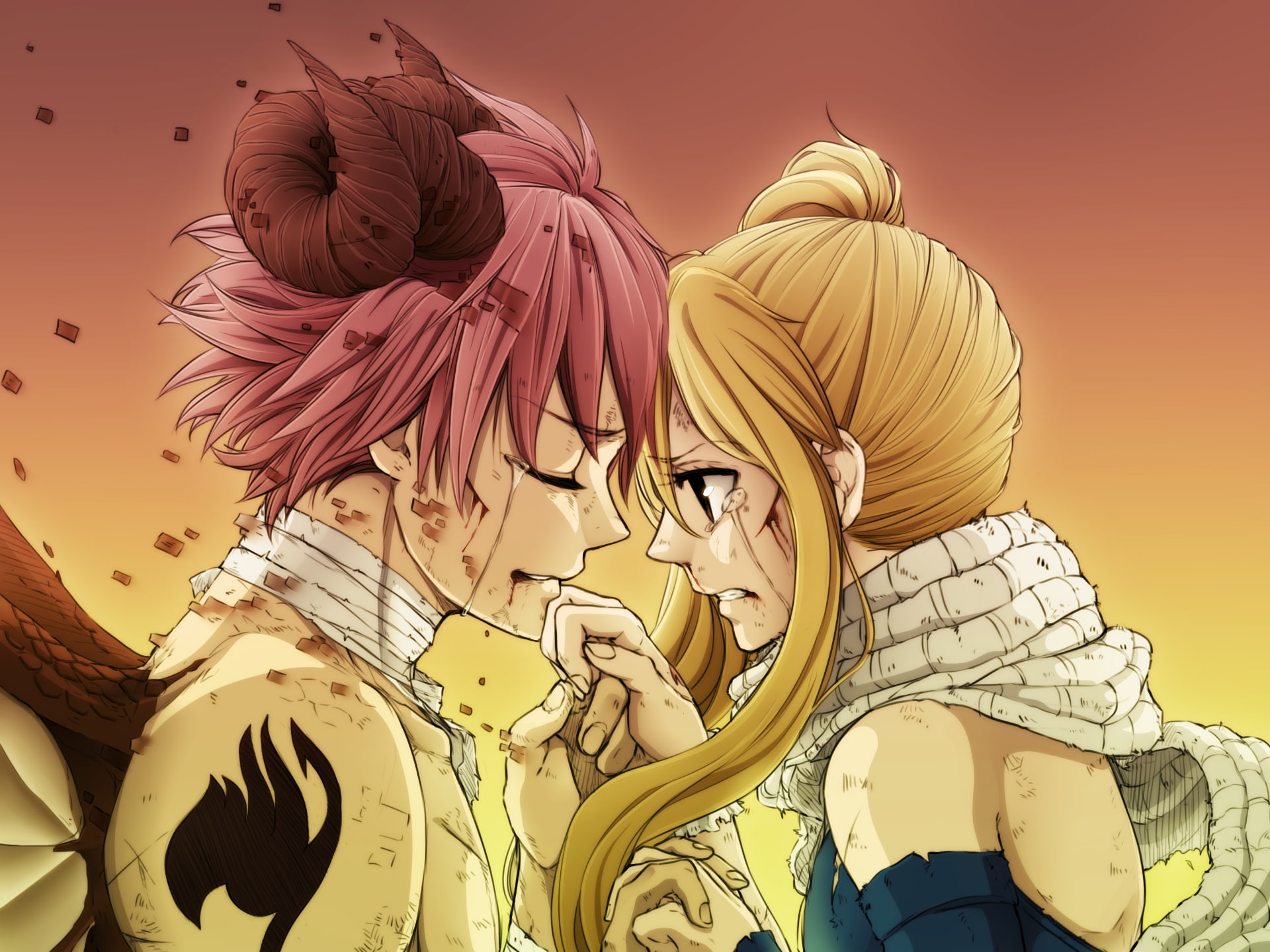 natsu x lucy, the past, scarf, clear sky, Anime, human representation, creativity, tears, multi colored, female likeness, 1080P, architecture, yellow, HD Wallpaper