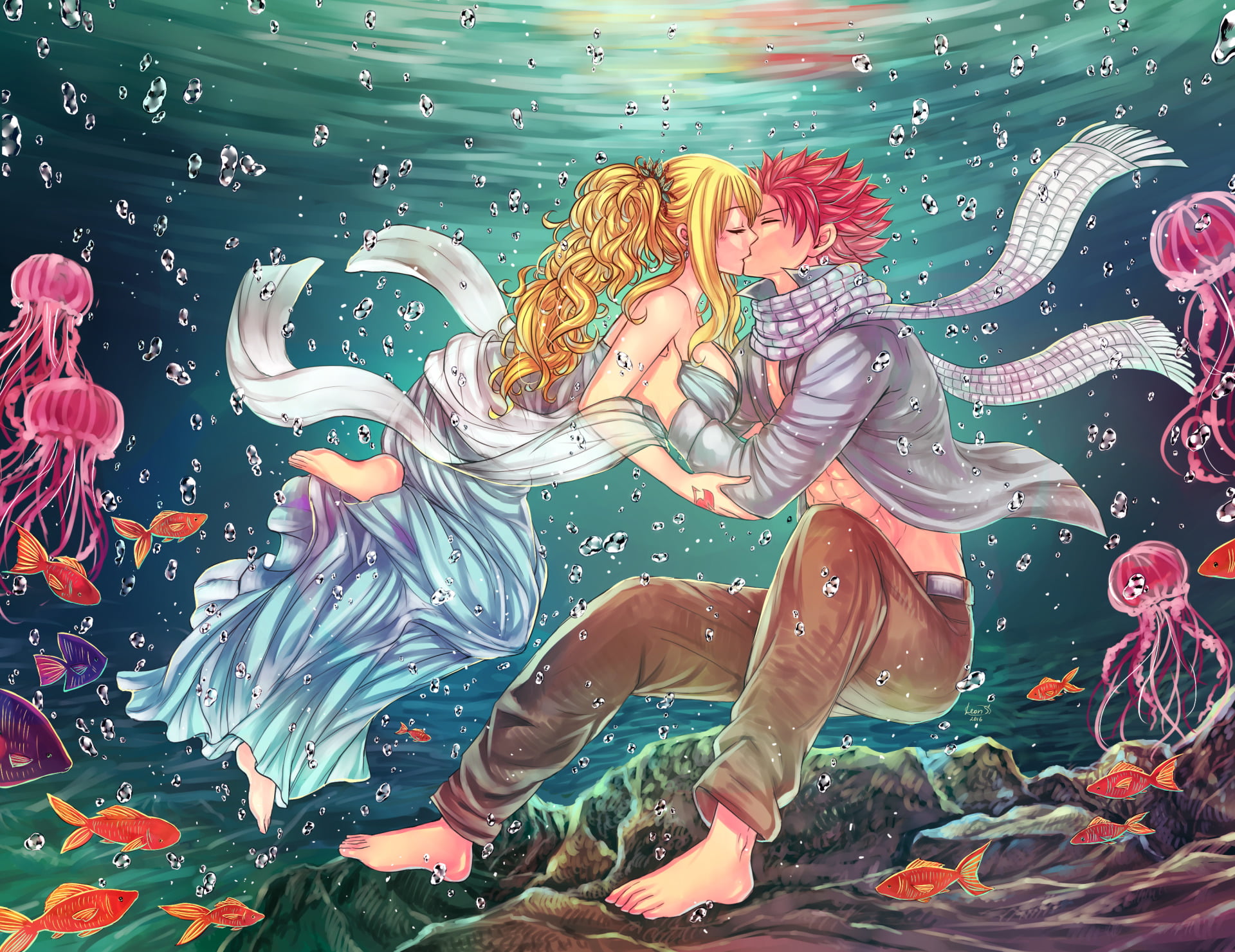 art and craft, water, no people, full length, creativity, Lucy Heartfilia, multi colored, Anime, vertebrate, clothing, sea, NaLu (Fairy Tail), motion, underwater, HD Wallpaper