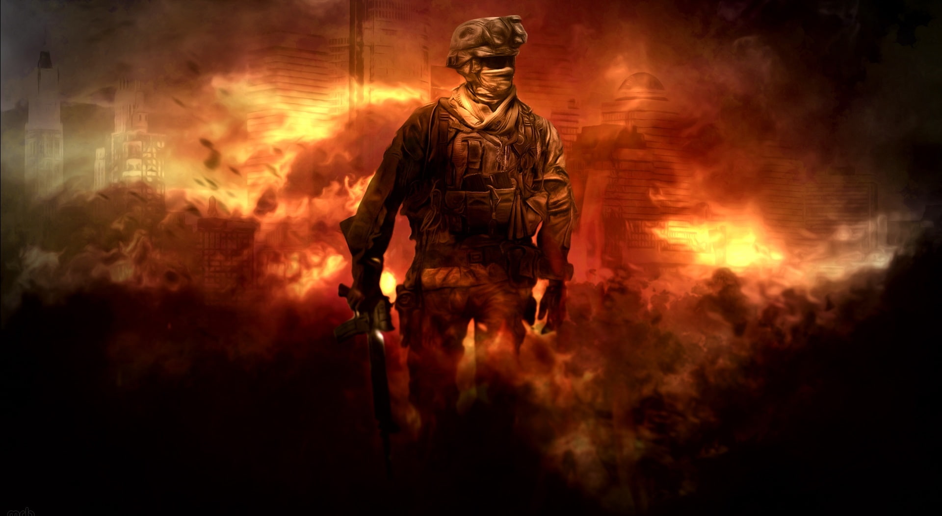 1080P, weapon, soldier, Games, clothing, warning sign, smoke - physical structure, hd, warfare, fire - natural phenomenon, fire, illustration, front view, HD Wallpaper