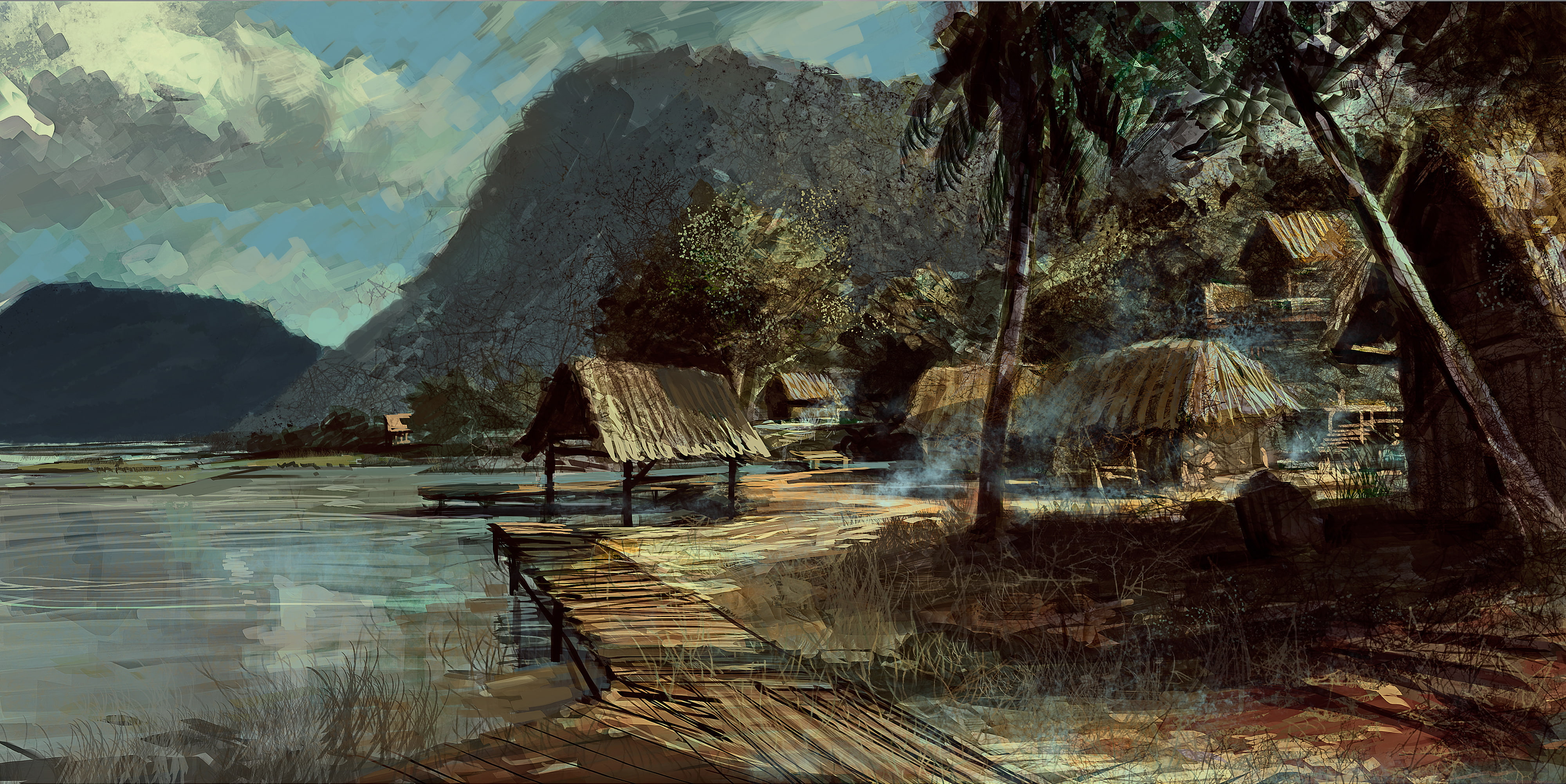 Bad Company 2, lake, shacks, palm trees, landscape, art, figure, Battlefield, mountains, shore, 4K, HD Wallpaper