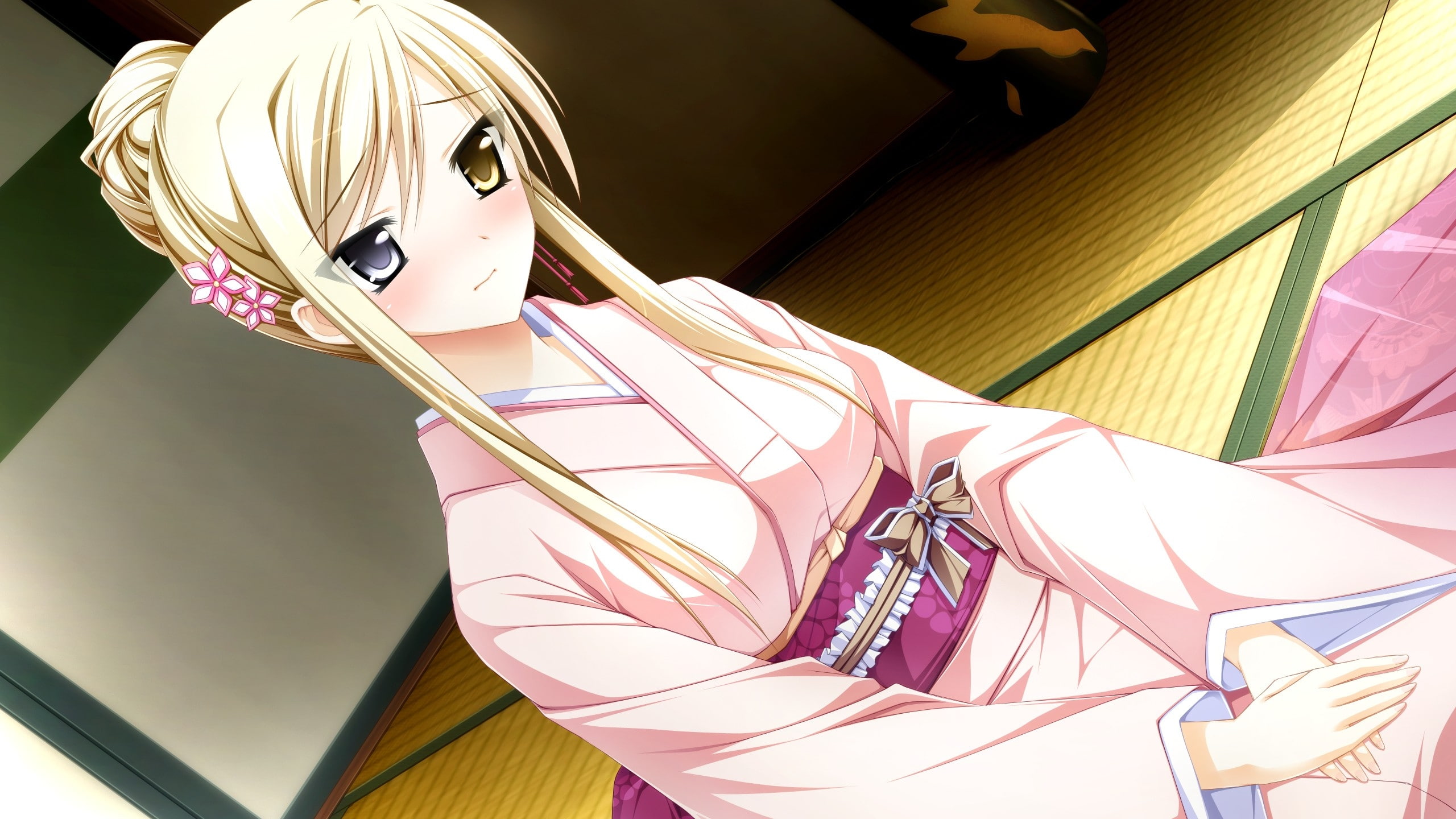 kimono, girls, hd, d, game, novel, cg, ga, tsu, visual, blondes, 2K, heterochromia, abstract, otome, anime, clothes, art, japanese, HD Wallpaper