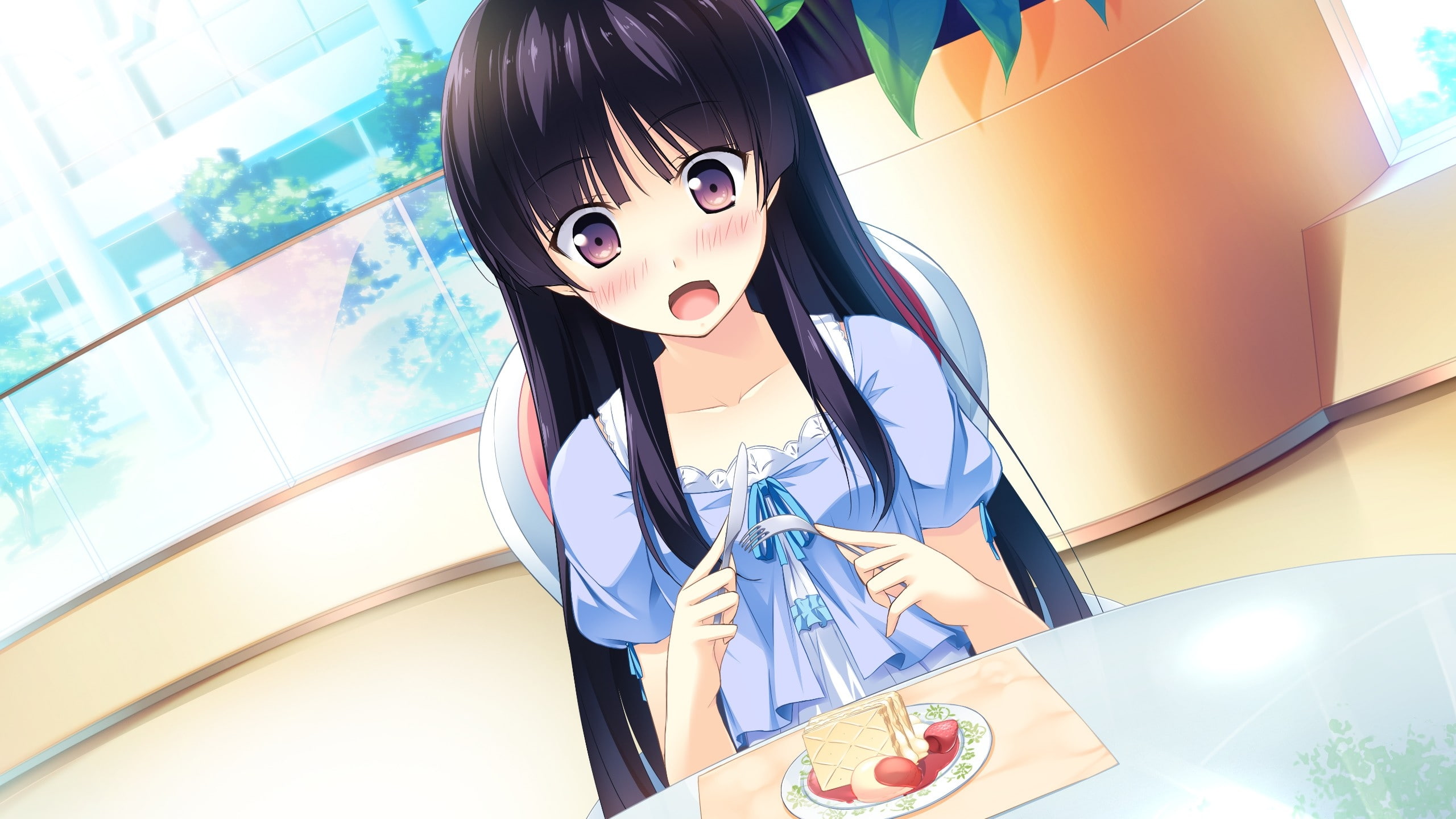girls, hair, ooz, cg, 2K, black, art, hd, open, d, mouth, abstract, visual, novel, food, eating, hazel, INDOORS, kono, game, eyes, anime, blush, HD Wallpaper