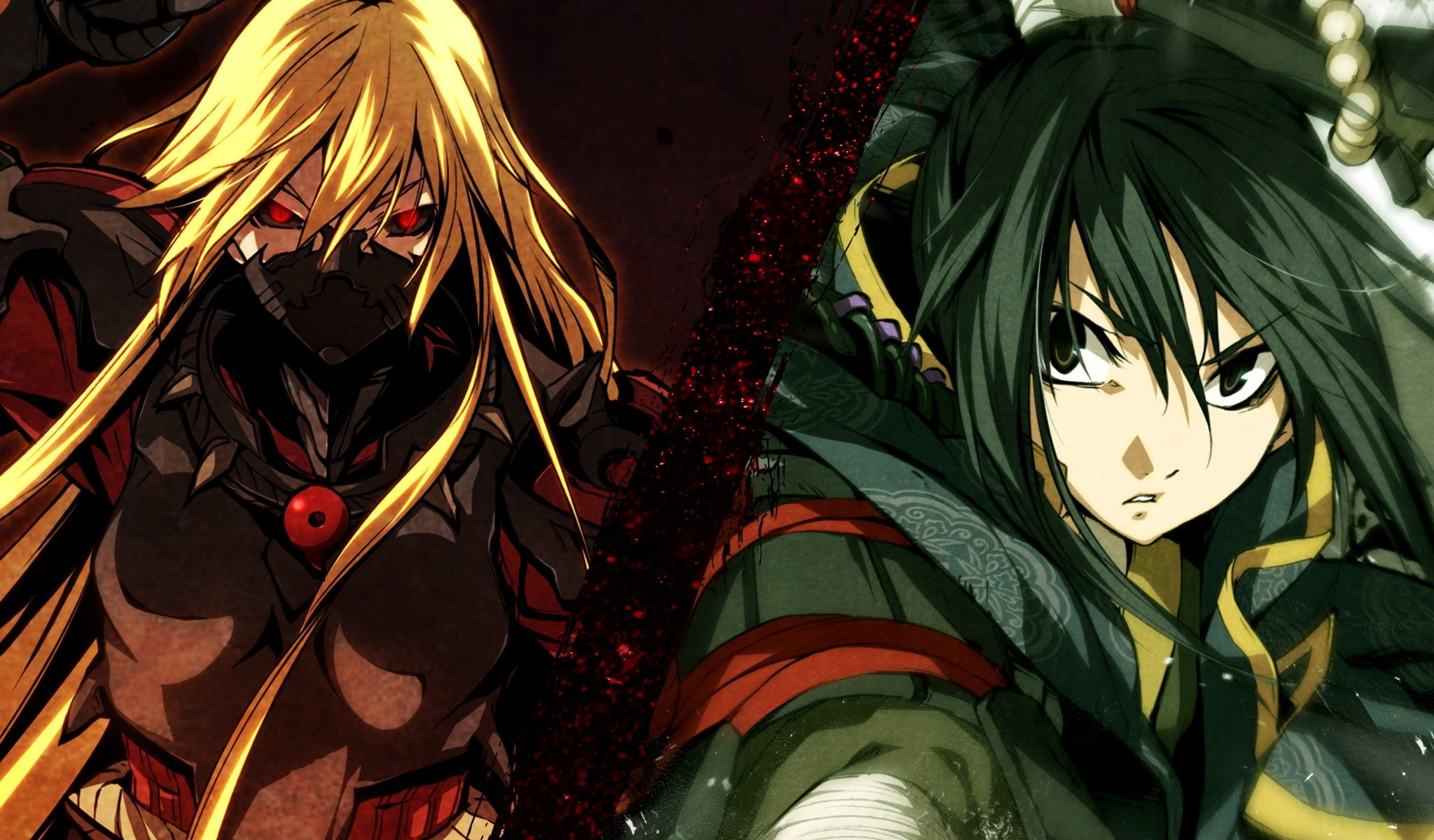 1080P, hd, abstract, green, kamui, green eyes, green hair, Anime Girls, art, game cg, d, blondes, mibu, hair, anime, soujirou, kagura, girls, red eyes, HD Wallpaper
