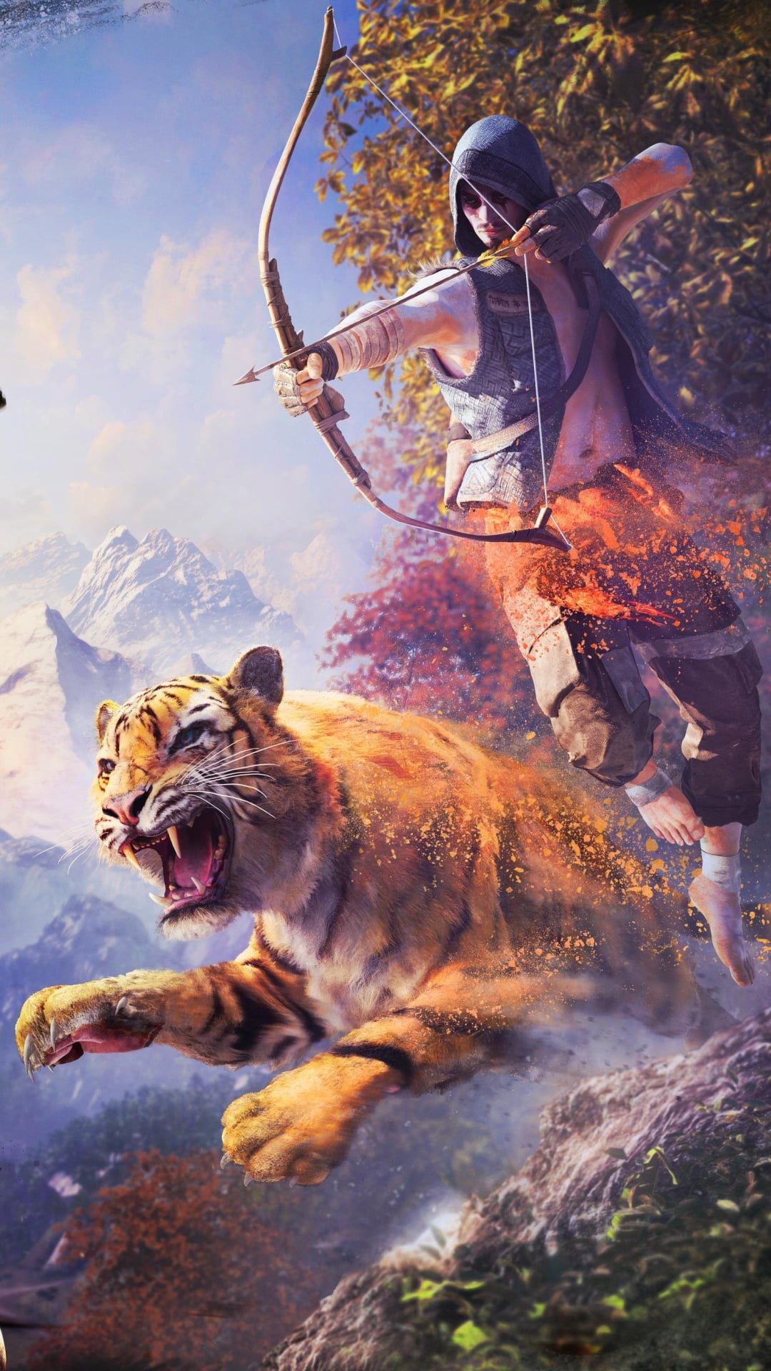 kyrat, cry, far, Far Cry, mammal, outdoors, mouth open, domestic, 1080P, pets, day, painting, tiger, domestic animals, men, hunting, archer, full length, Phone HD Wallpaper
