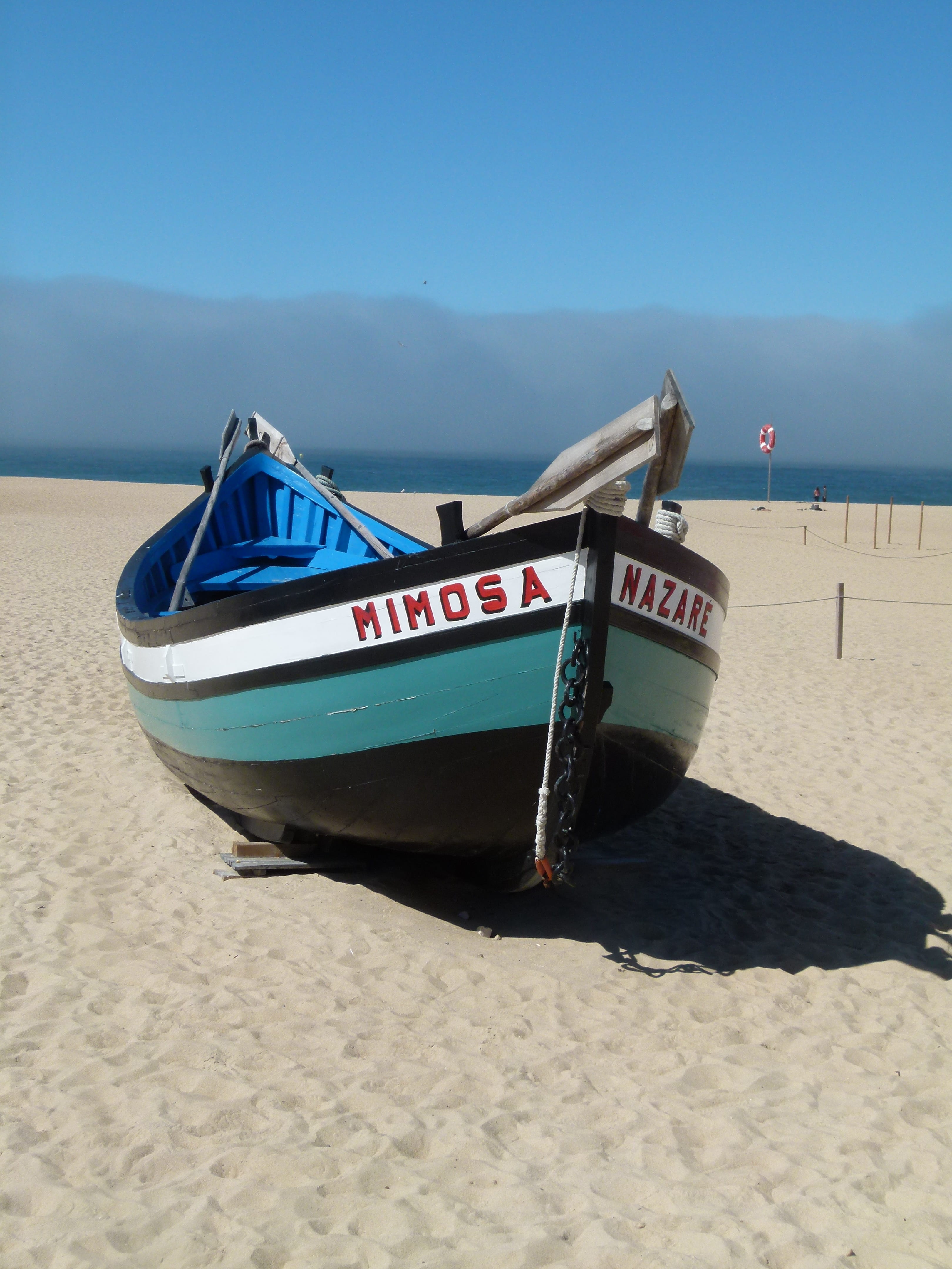 scenics - nature, nautical vessel, blue, tranquility, sky, sea, holiday, western script, nazaré, travel, outdoors, sand, transportation, water, portugal, Phone HD Wallpaper