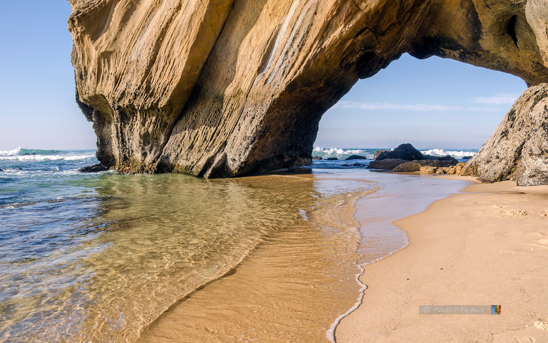 arch, horizon over water, scenics - nature, no people, beauty in nature, Portugal, 1080P, land, brown, water, tranquil scene, sky, shore, sea, sand, landscape, HD Wallpaper