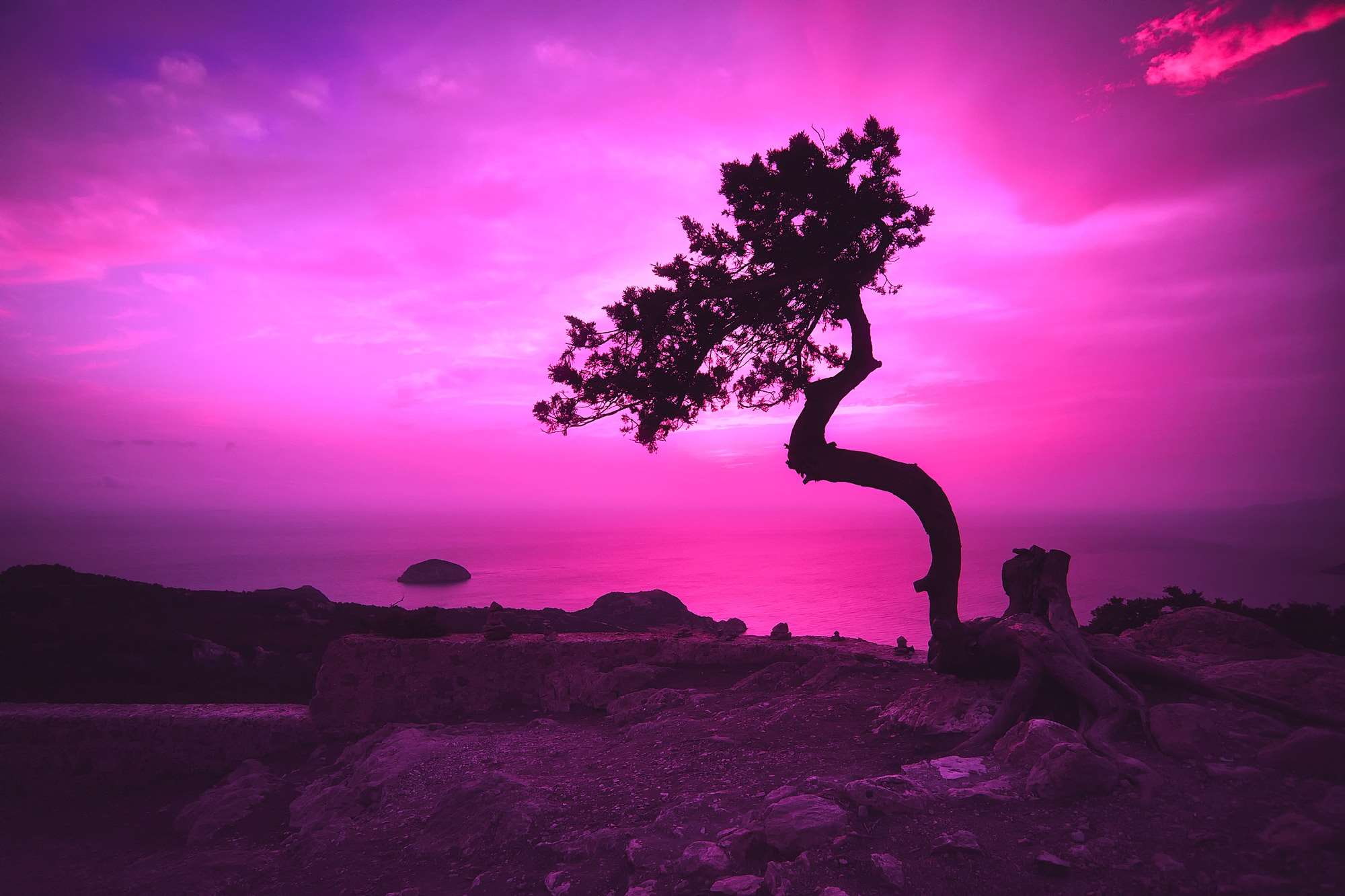 sky, cloud - sky, dusk, hdr, plant, tranquility, scenics - nature, beauty in nature, land, castle monolithos, pink color, water, ruins, twilight, tree, HD Wallpaper