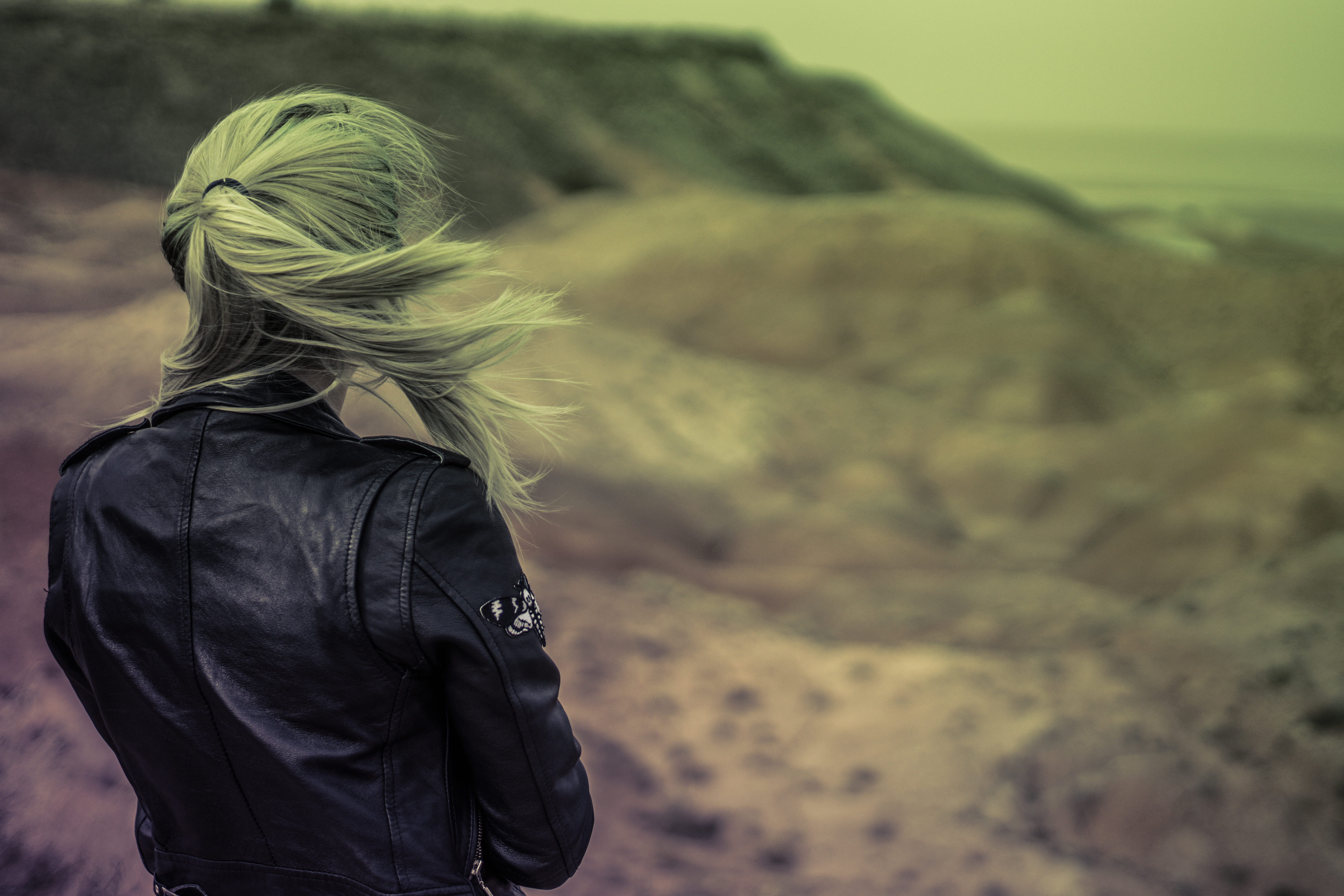 rear view, outdoors, clothing, jacket, one person, environment, blond hair, alpha, women, adult, hair, sony, petrified forest national park, focus on foreground, HD Wallpaper