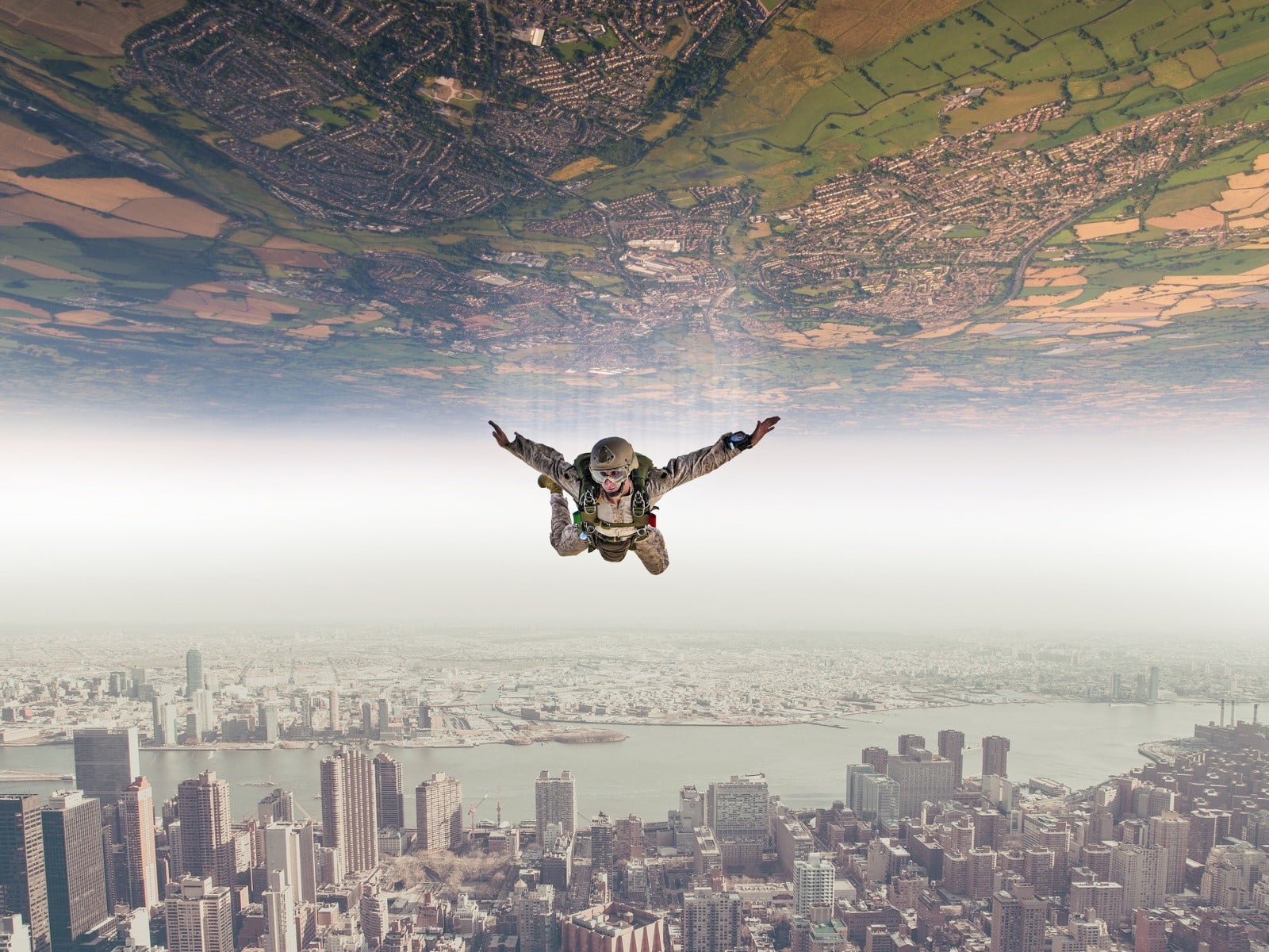 arms outstretched, freedom, parachutes, brown, motion, cloud - sky, one person, nature, outdoors, architecture, aerial view, digital composite, human limb, HD Wallpaper