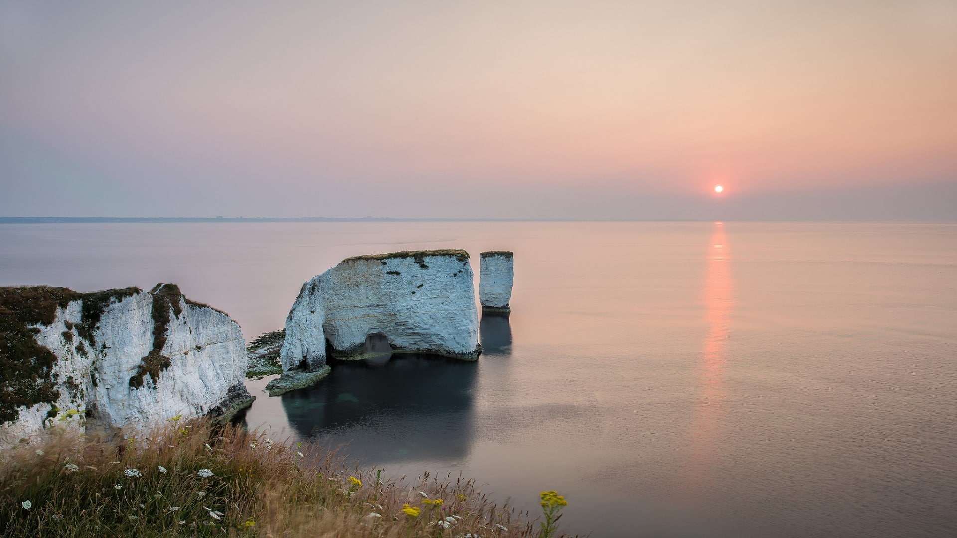 1080P, rock formation, sea, sunset, coast, cliff, Old Harry Rocks, HD Wallpaper