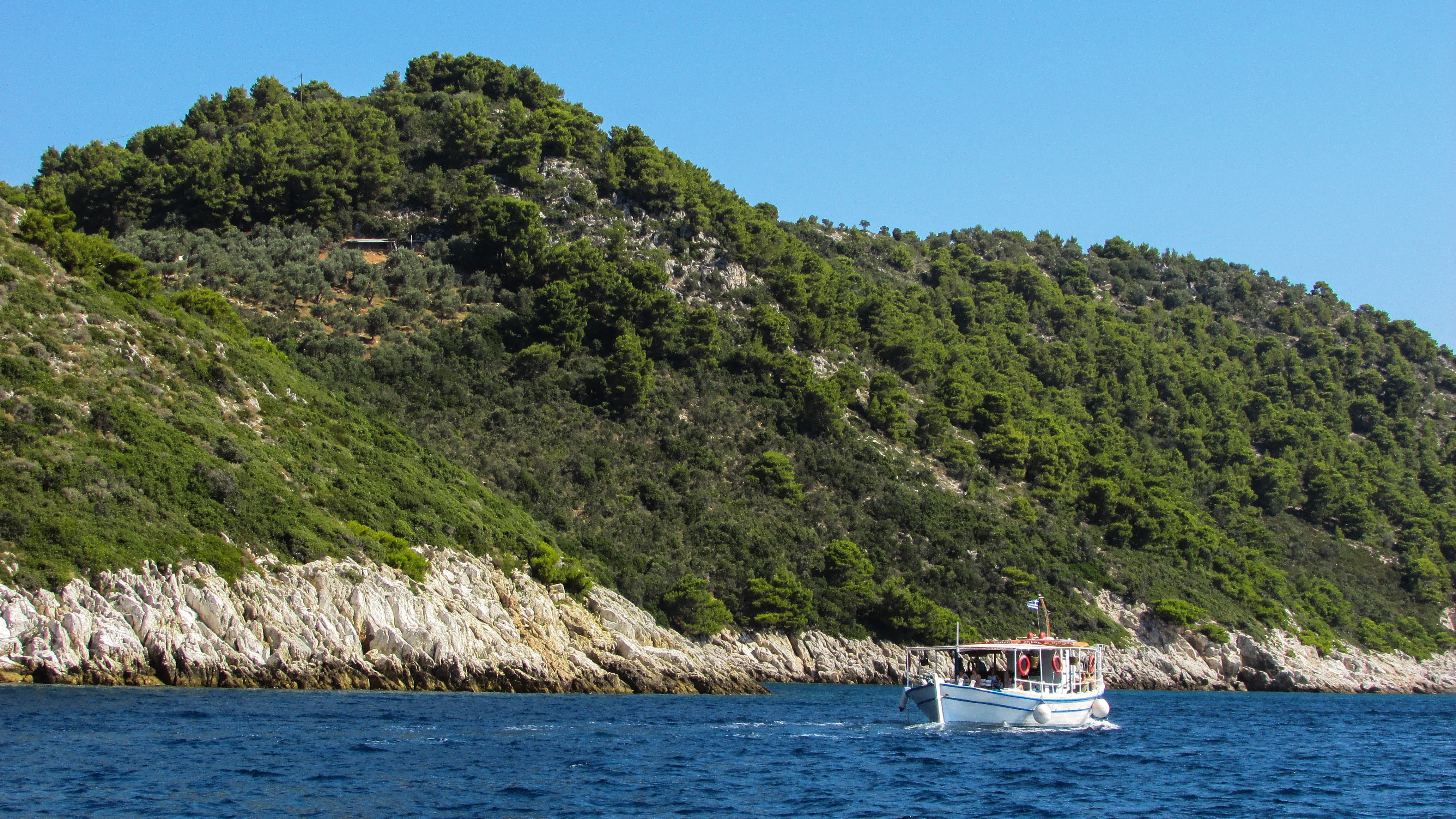 cliffs, passenger craft, water, transportation, blue, plant, 4K, sailboat, outdoors, coast, tree, mediterranean, beauty in nature, geomorphology, skiathos, HD Wallpaper