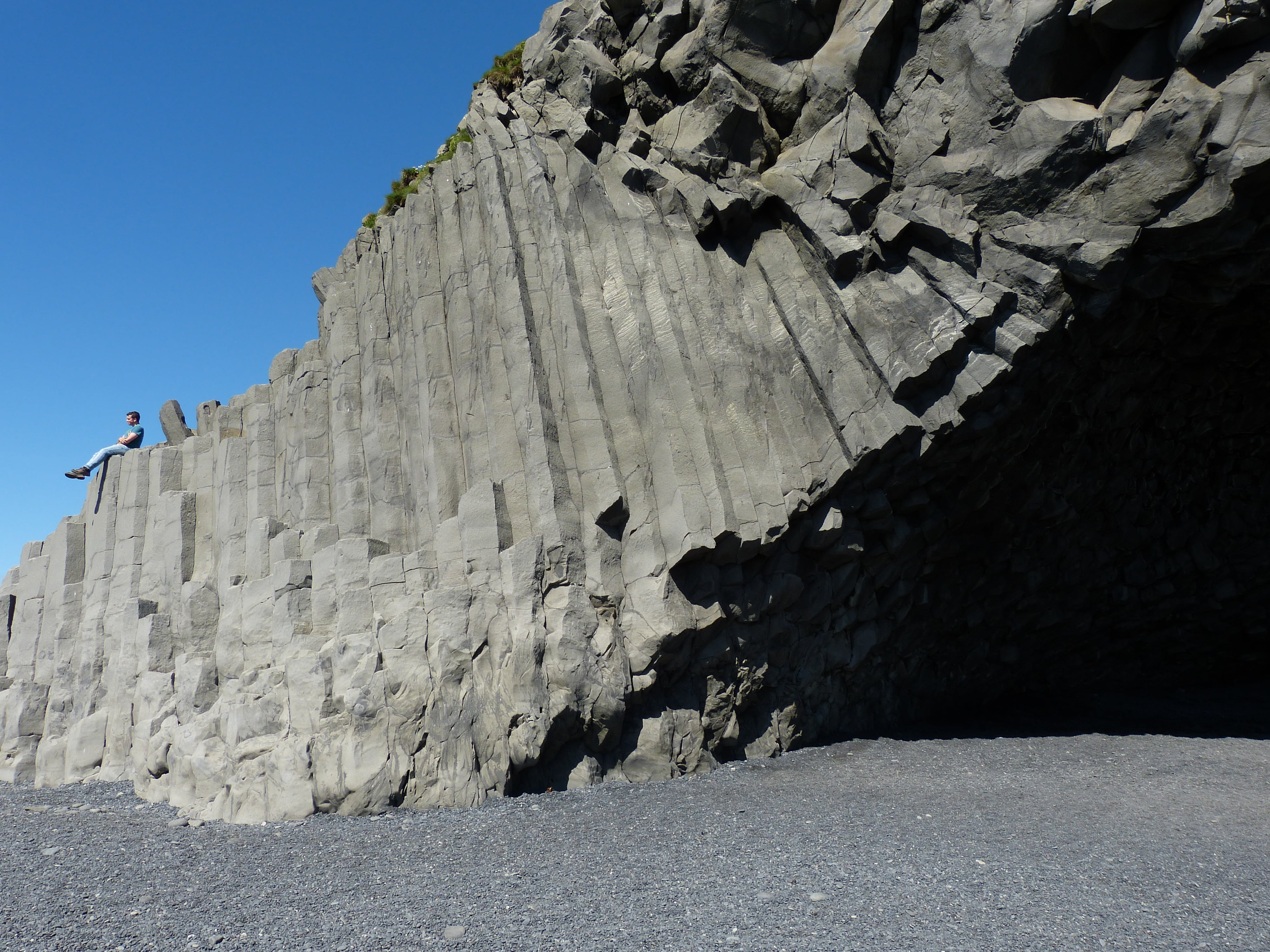 beach, black sand, lava, sky, rocky mountains, mountain, rock formation, granite, sunlight, cave, low angle view, 4K, black stone, geology, rock - object, HD Wallpaper