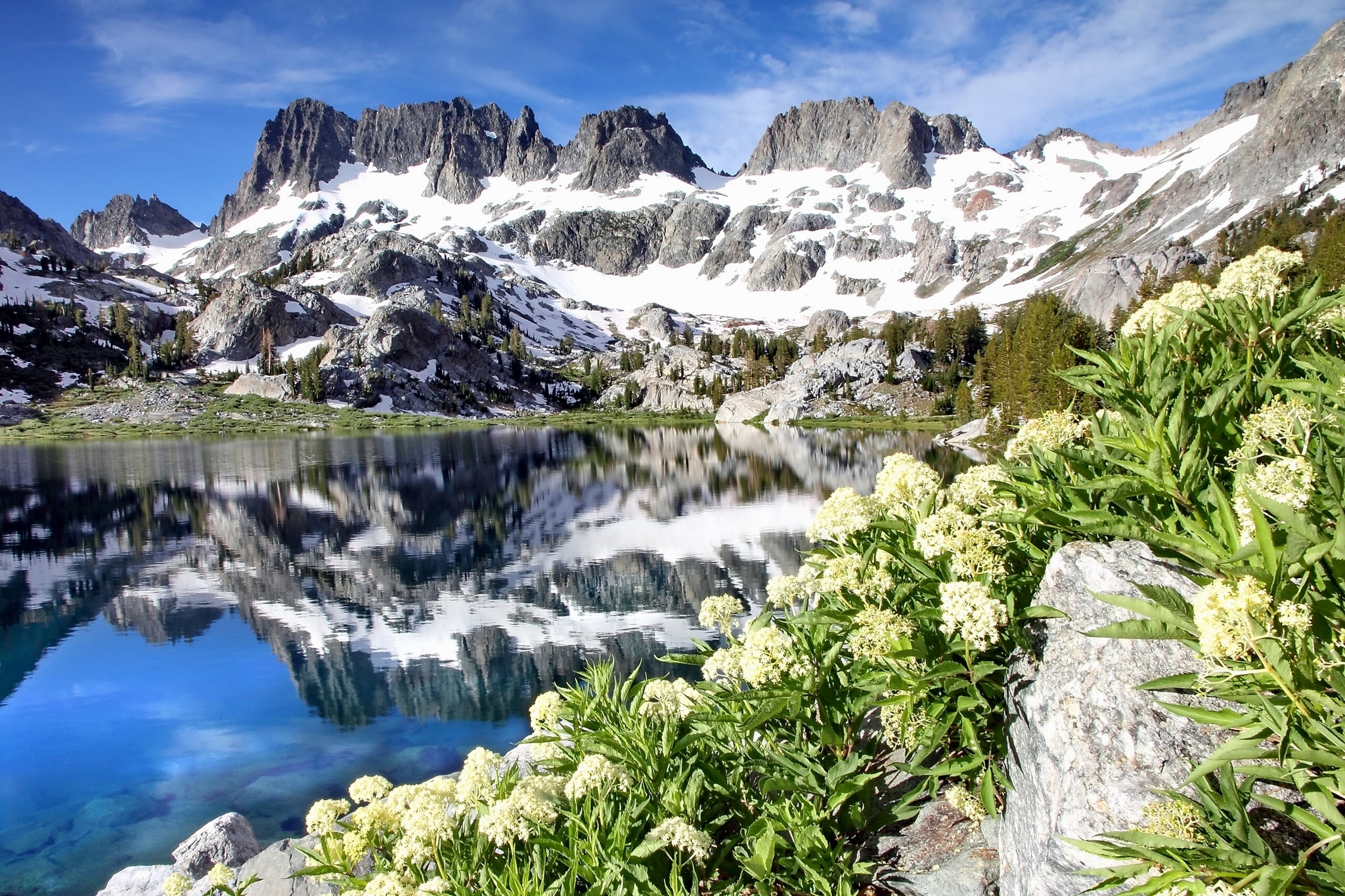 reflection, Minarets, Ansel Adams Wilderness, 1080P, Ediza Lake, mountains, CA, lake, flowers, California, HD Wallpaper