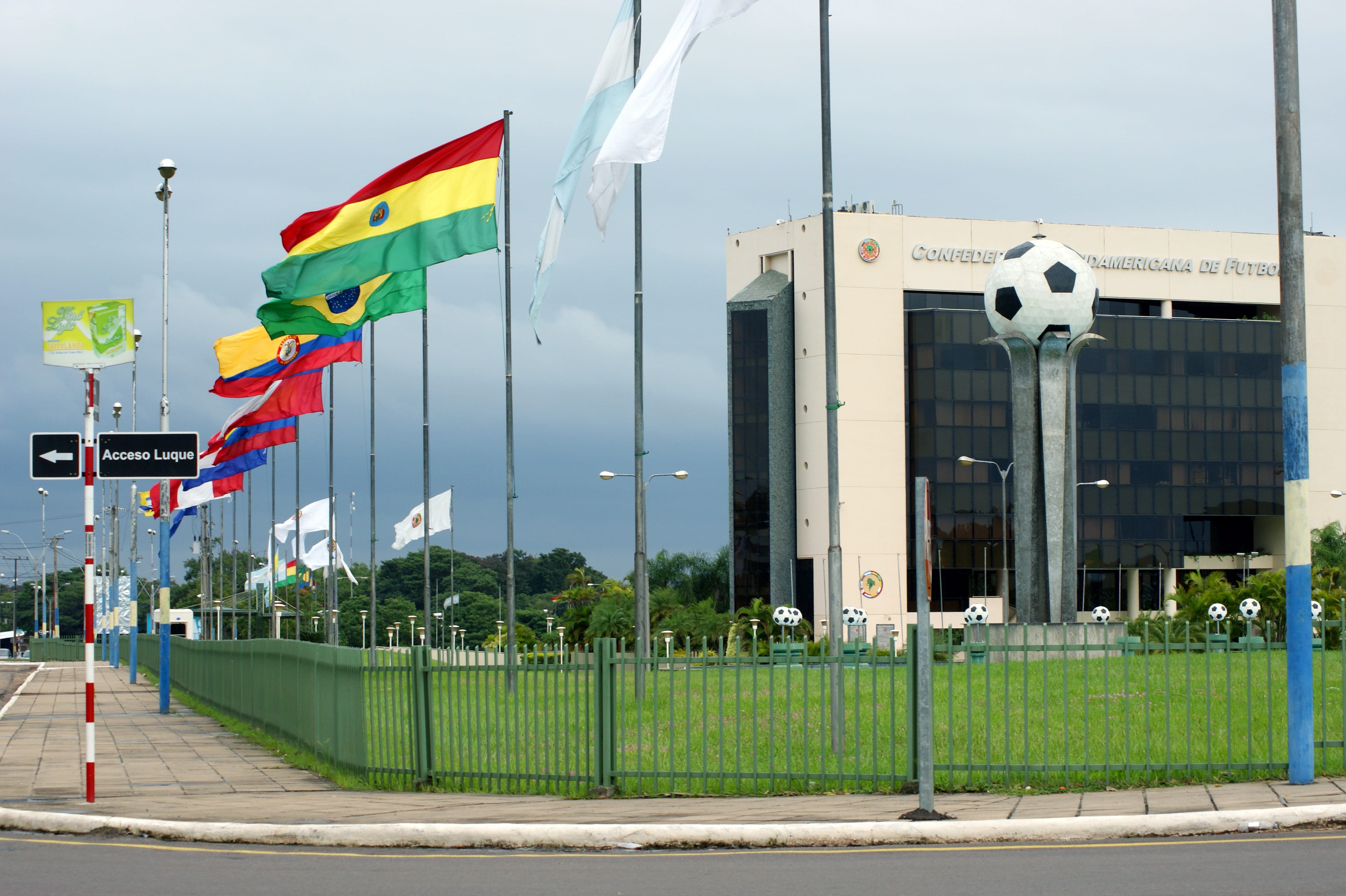 street, wind, pole, sky, plant, building, built structure, no people, paraguay, architecture, Road, 4K, nature, Football, day, flag, building exterior, HD Wallpaper