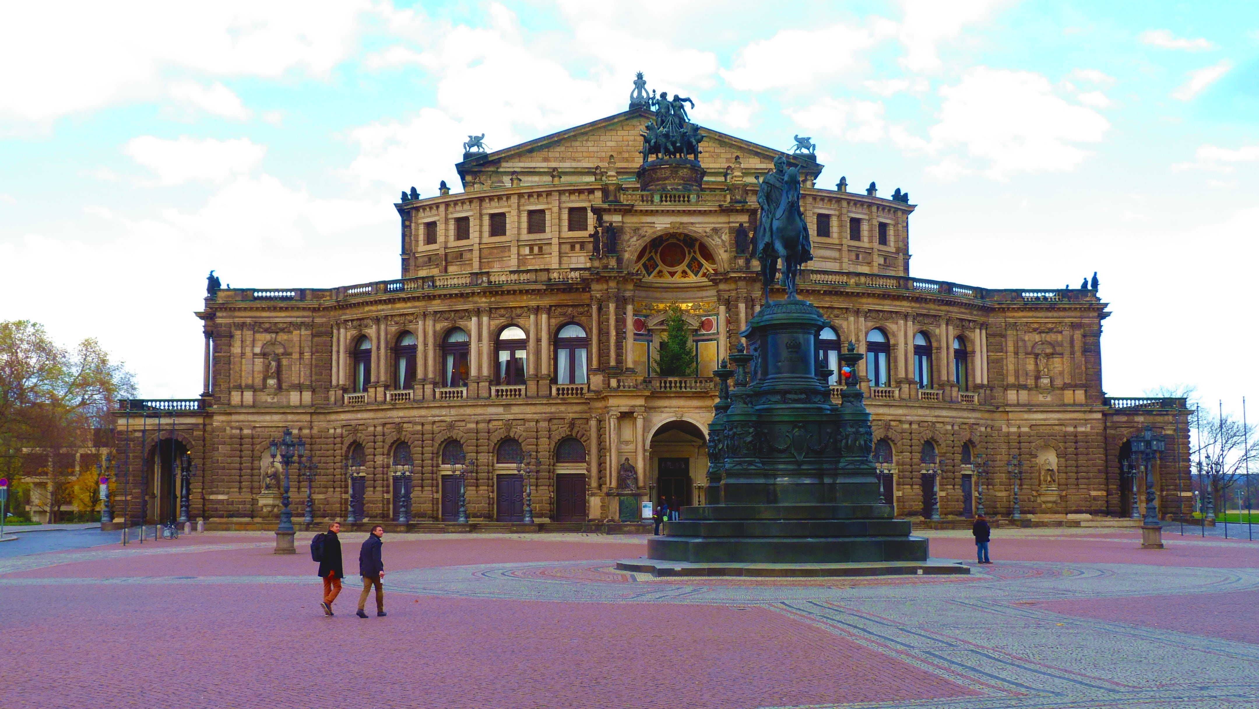 building, walking, built structure, tourism, people, facade, day, building exterior, cloud - sky, opera house, semper opera house, architecture, women, HD Wallpaper