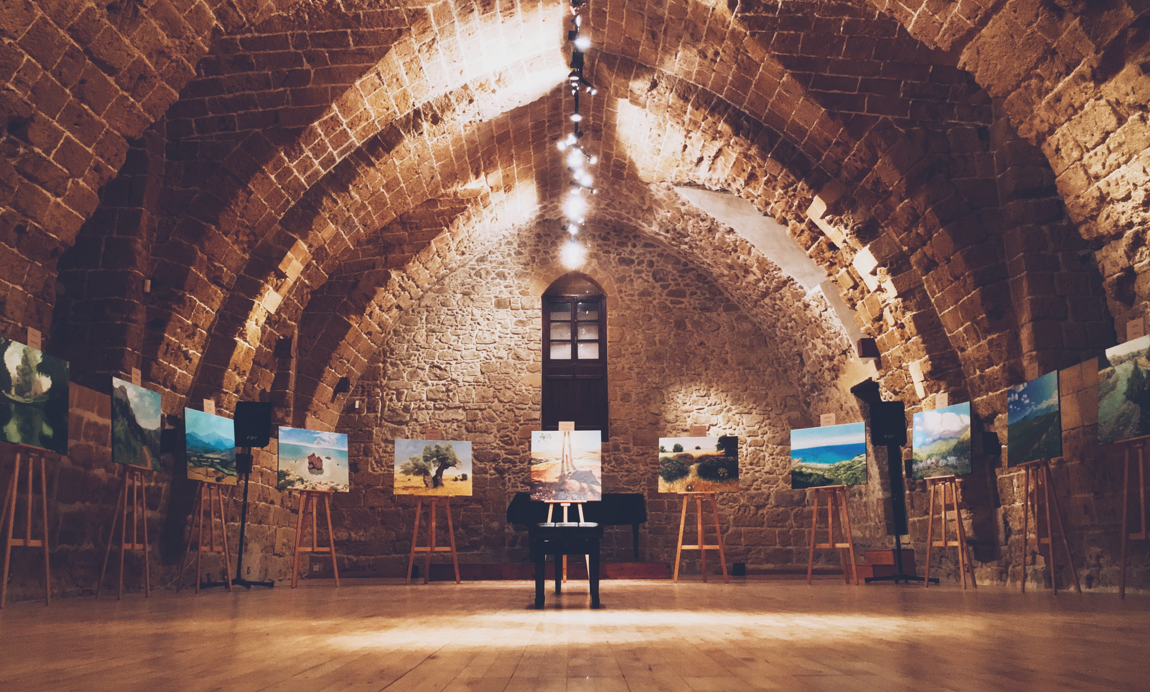 cafe, lifestyles, easel, housing, paintings, real people, spirituality, crypt, illuminated, lighting equipment, female, building, floor, ceiling, rear view, HD Wallpaper