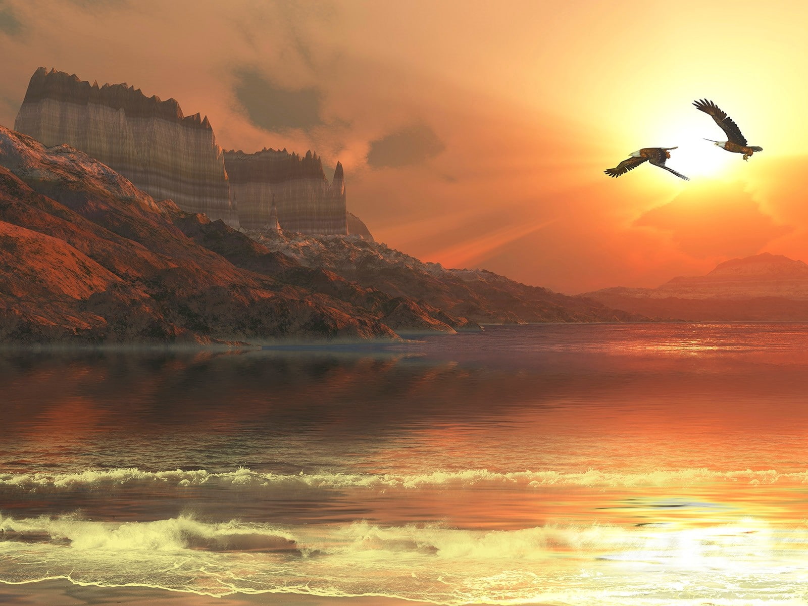 cliff, waterfront, tranquil scene, motion, reflection, scenics - nature, animals in the wild, sunlight, mid-air, no people, sun rays, mist, beauty in nature, HD Wallpaper