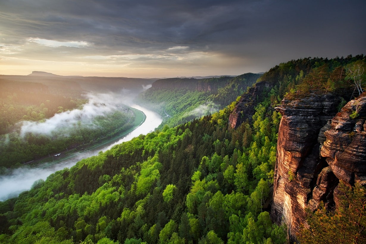 sunset, mist, forest, Czech Republic, landscape, 480P, clouds, river, nature, erosion, canyon, HD Wallpaper