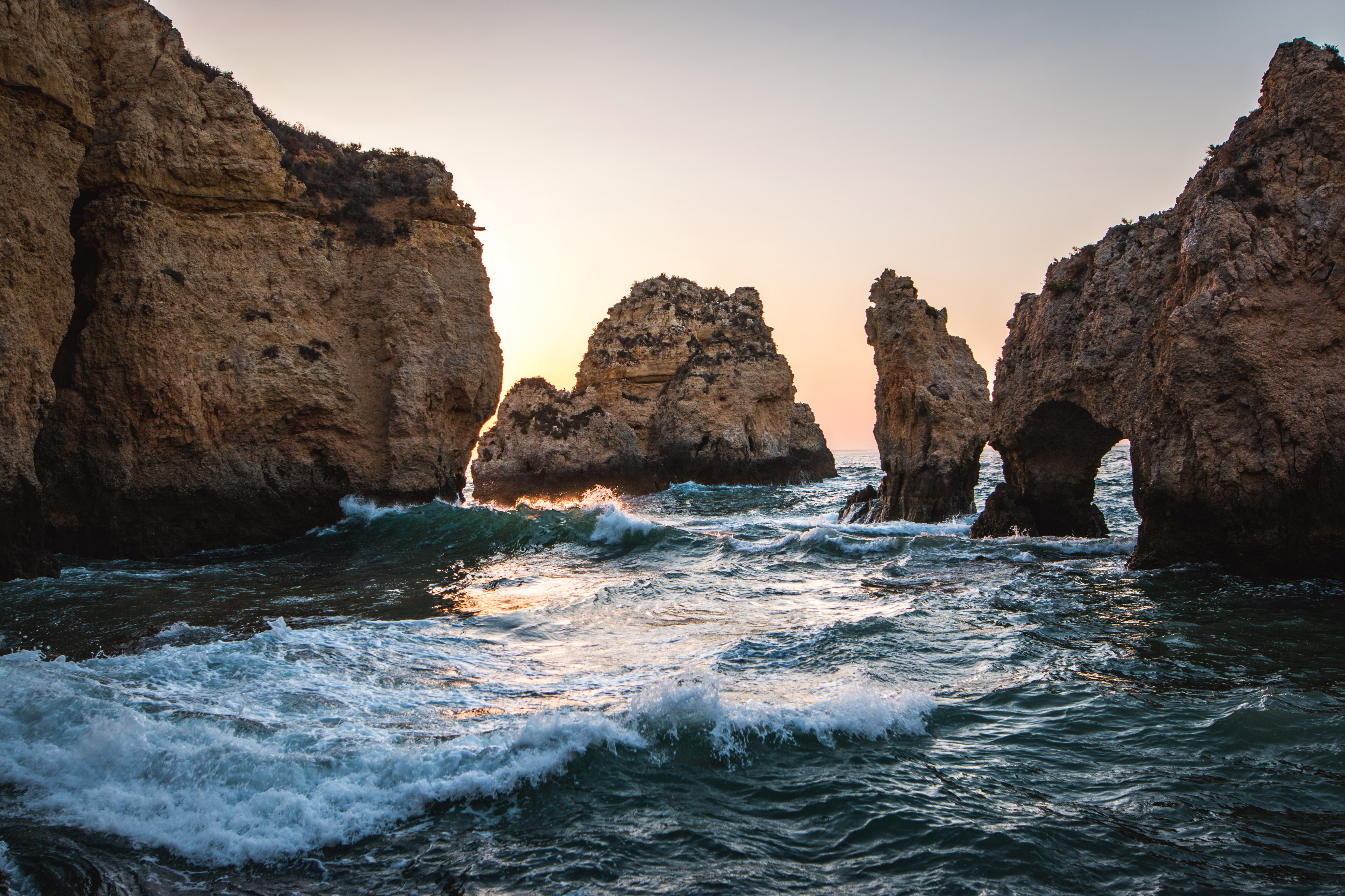 Lagos, Portugal, sunrise, rocks, Algarve, sun, Europe, cliff, 5K, water, beach, HD Wallpaper